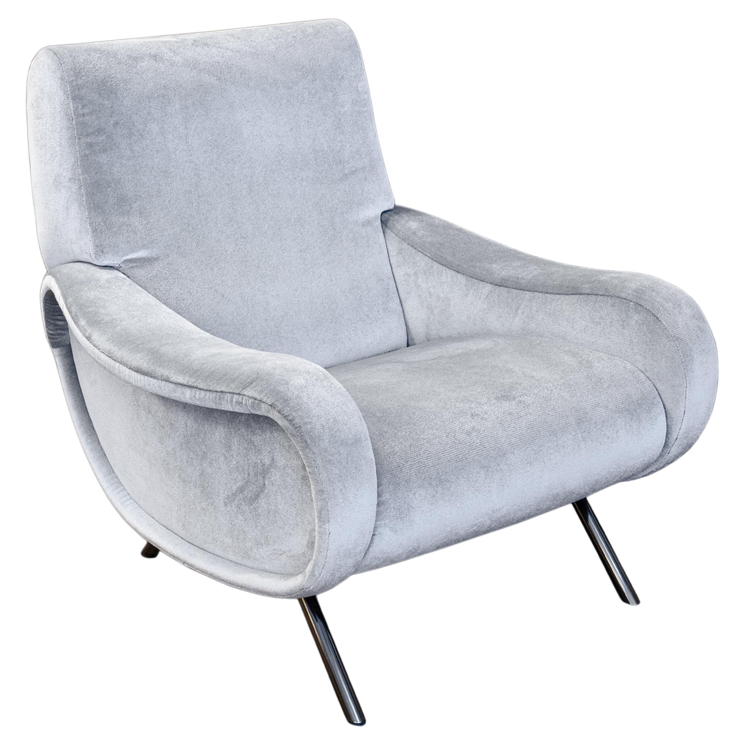 Cassina Lady 720 Upholstered Light Blue Velvet Contemporary Modern Armchair For Sale