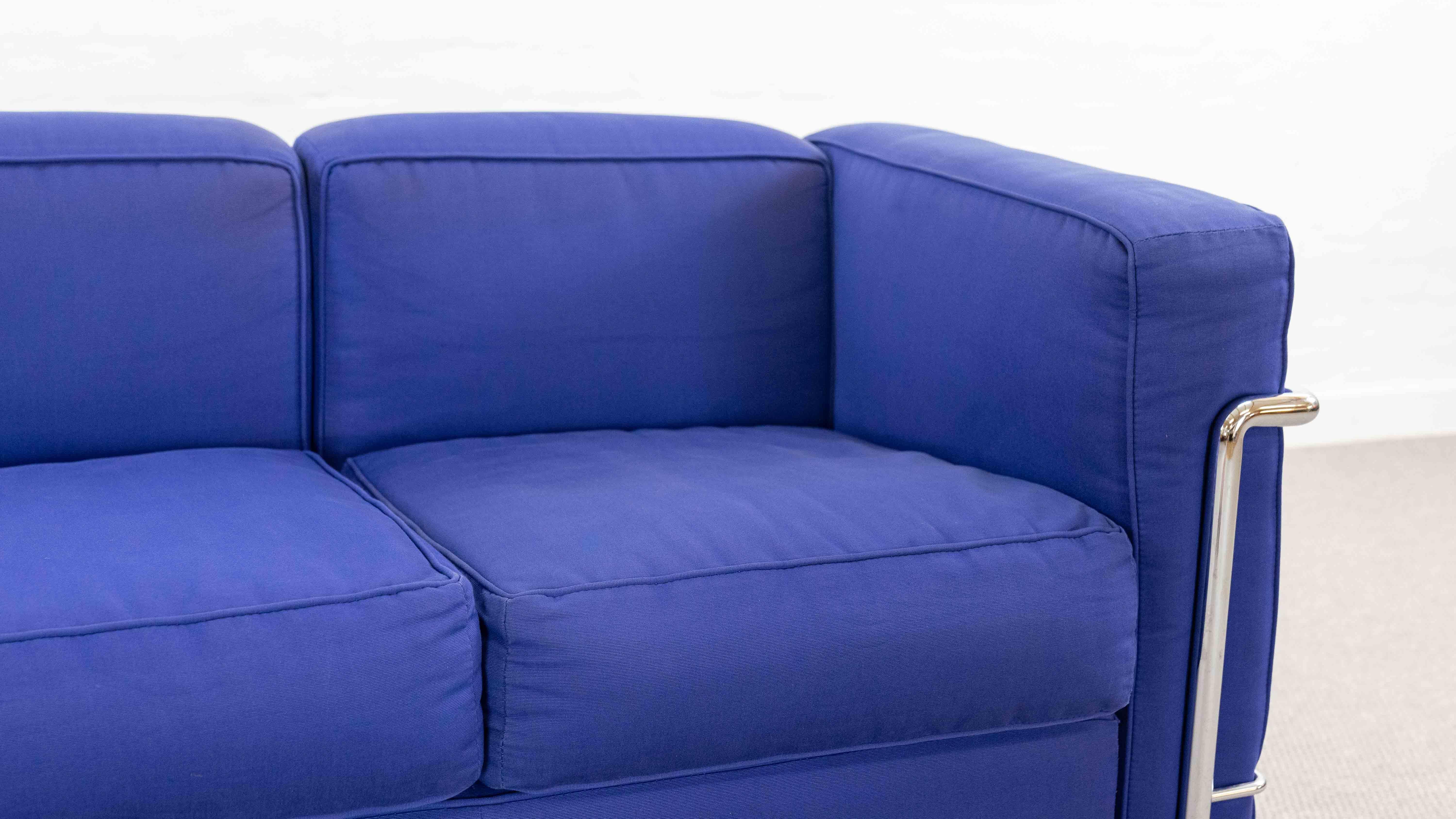 Cassina Lc2 3seat Sofa by Charlotte Perriand and Le Corbusier in Blue Fabrics 4
