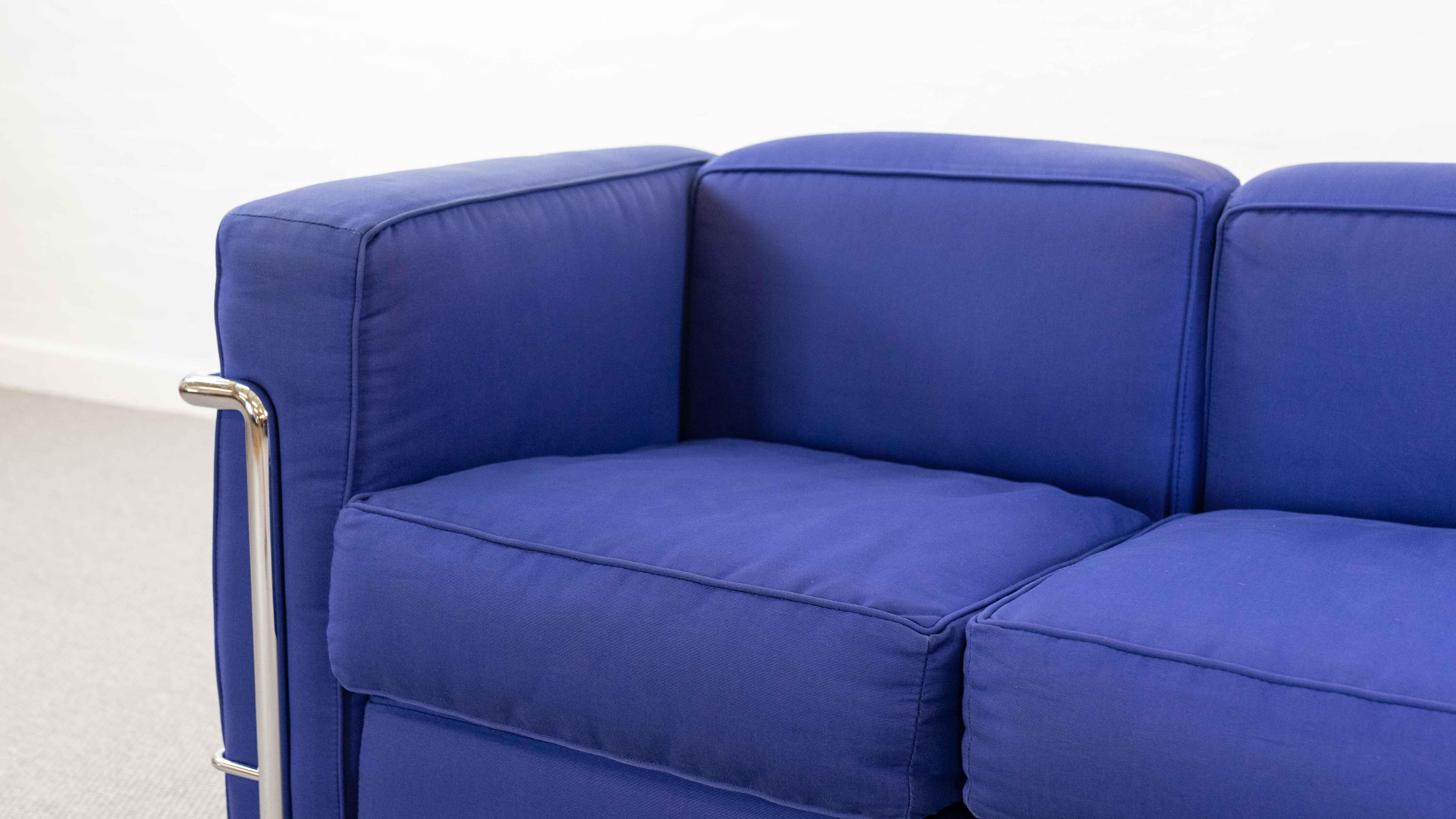 Cassina Lc2 3seat Sofa by Charlotte Perriand and Le Corbusier in Blue Fabrics 5