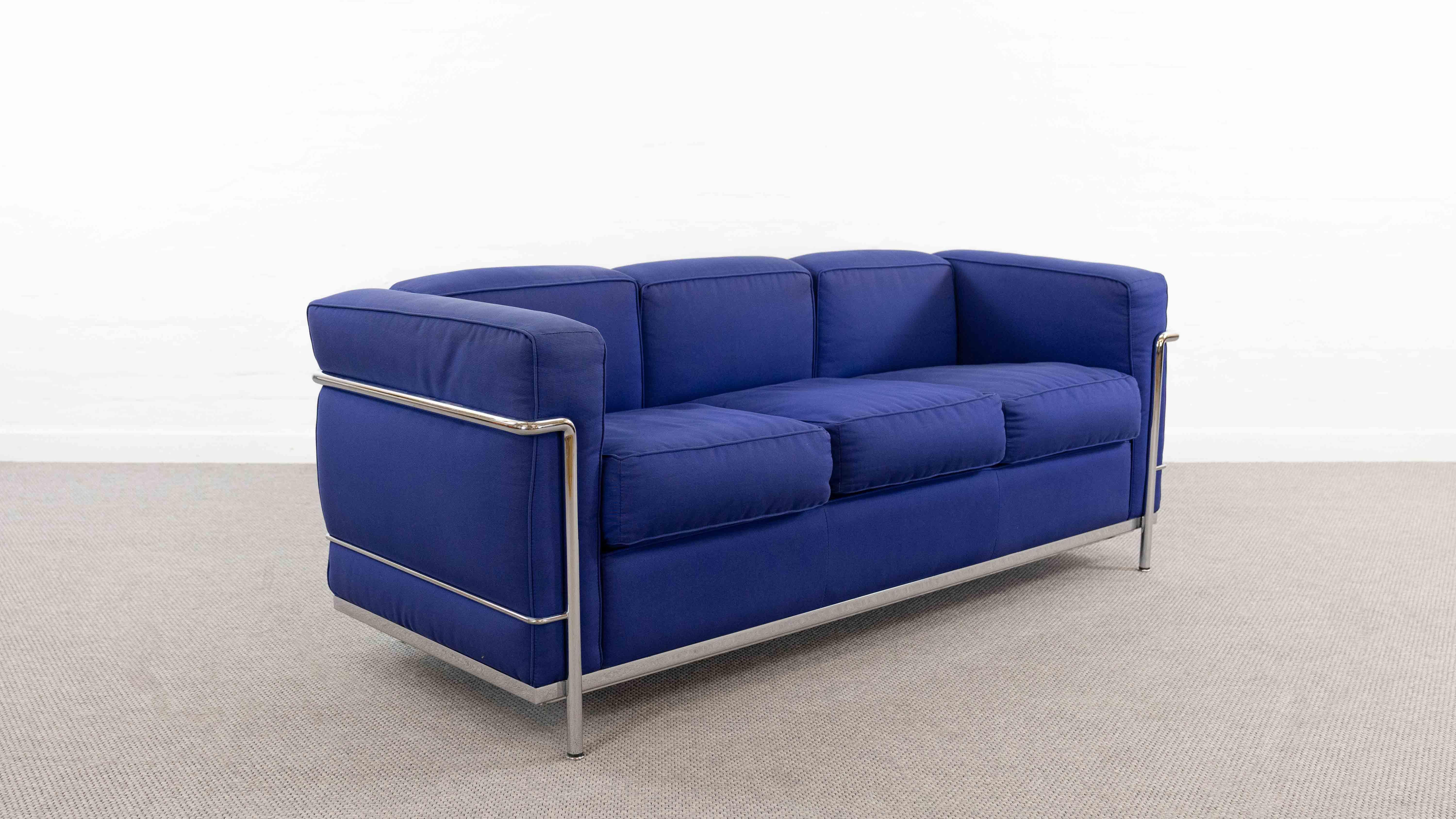 Modern Cassina Lc2 3seat Sofa by Charlotte Perriand and Le Corbusier in Blue Fabrics