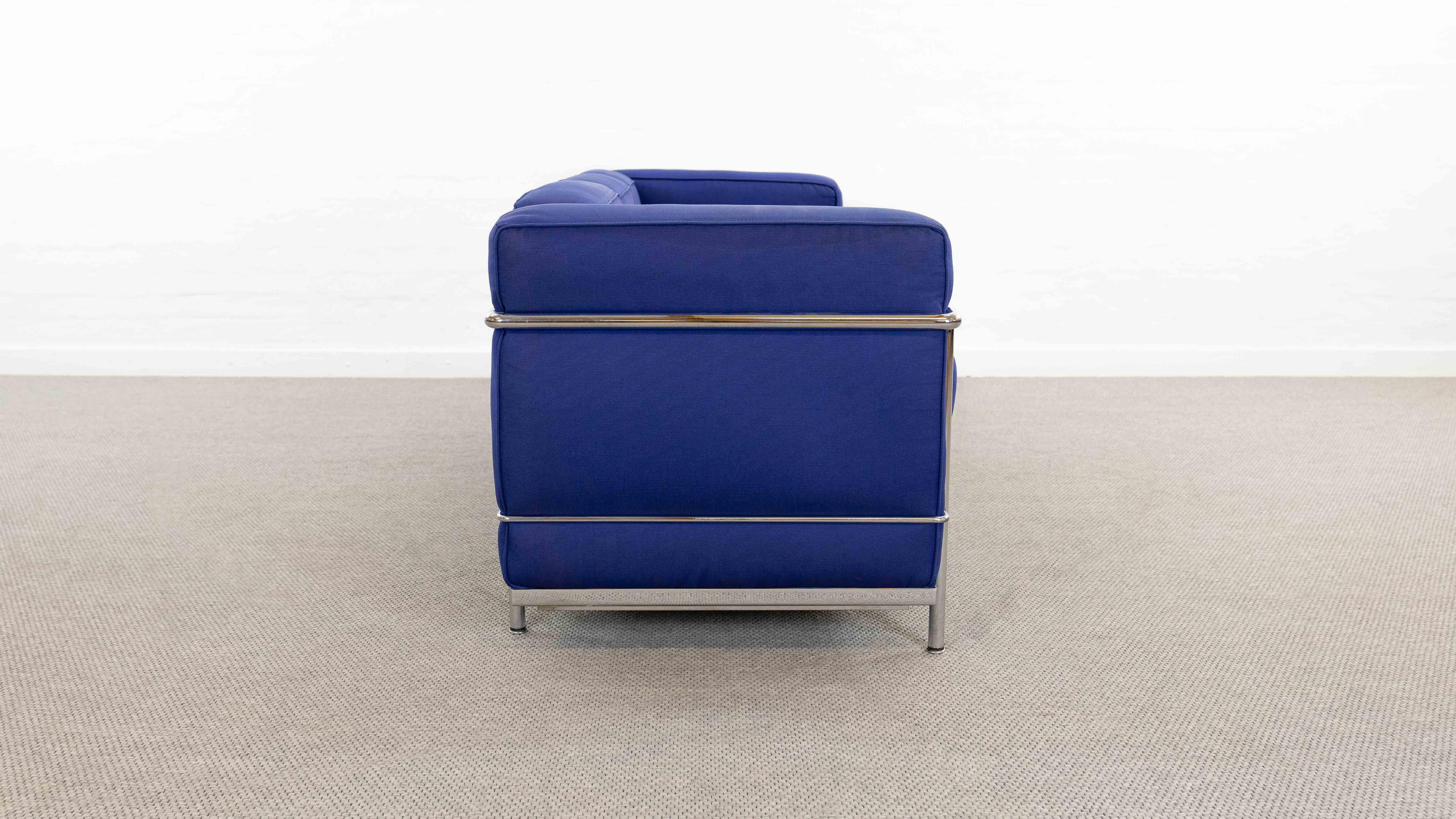 Italian Cassina Lc2 3seat Sofa by Charlotte Perriand and Le Corbusier in Blue Fabrics