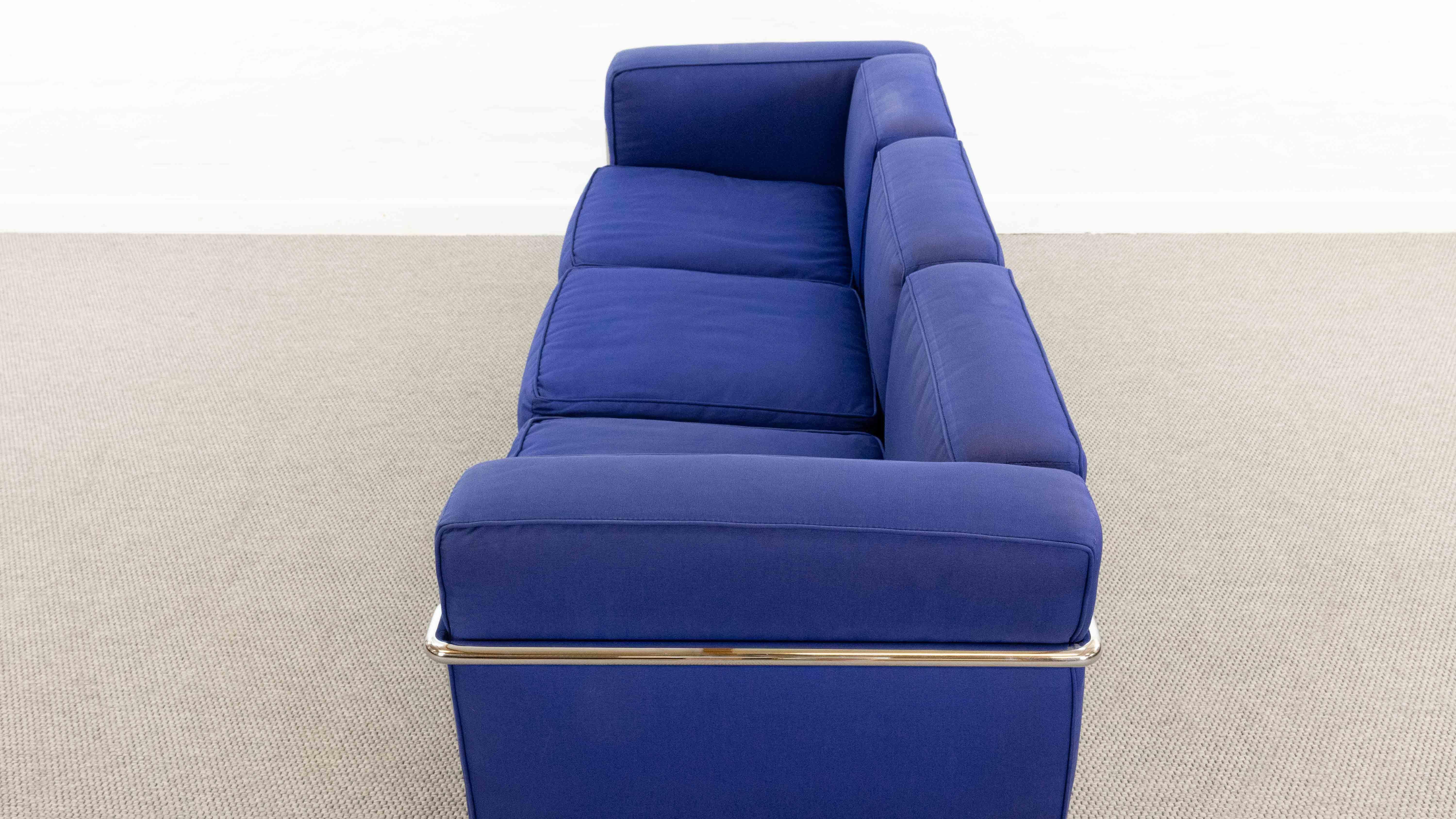Cassina Lc2 3seat Sofa by Charlotte Perriand and Le Corbusier in Blue Fabrics 1