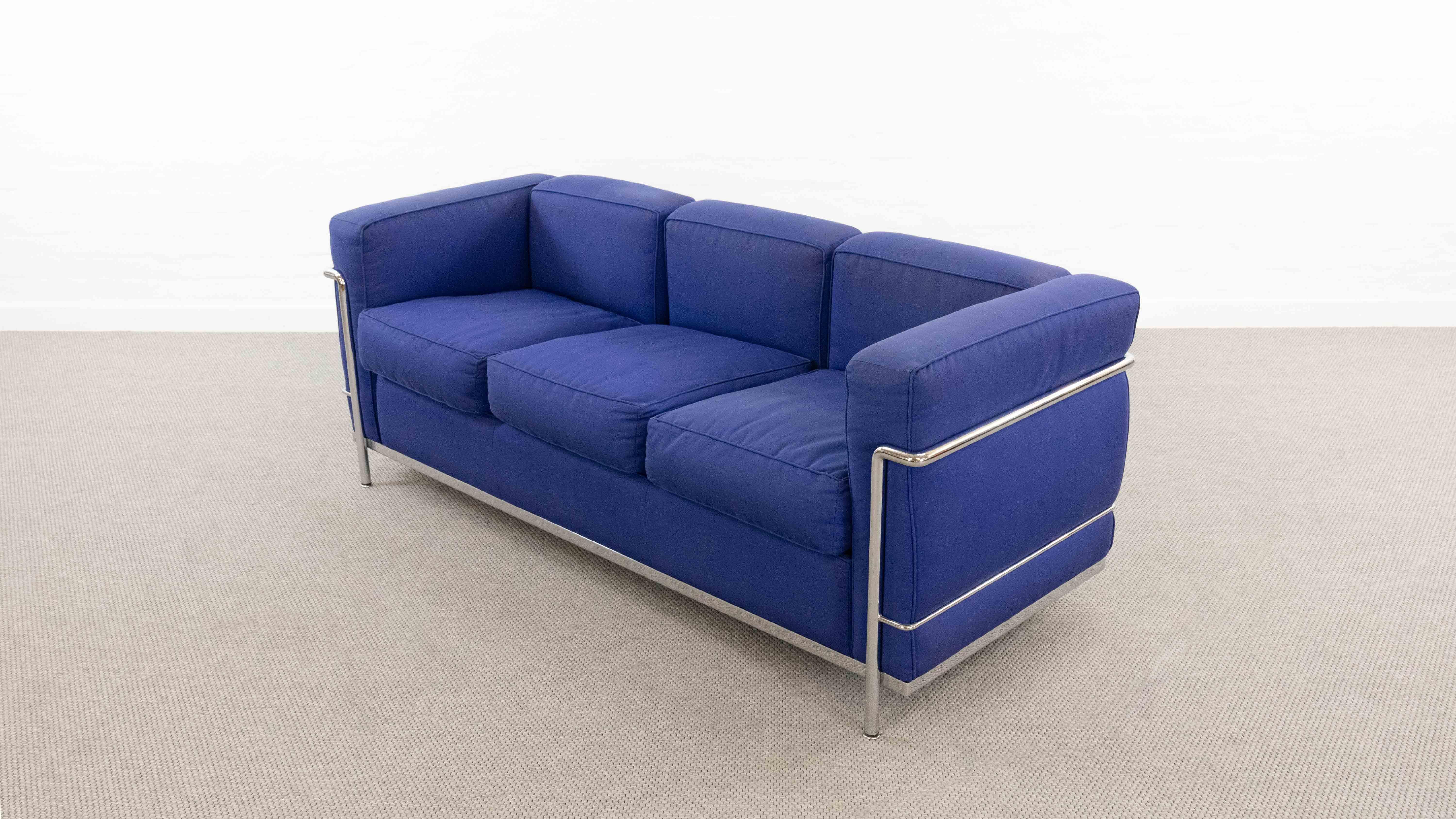 Cassina Lc2 3seat Sofa by Charlotte Perriand and Le Corbusier in Blue Fabrics 2