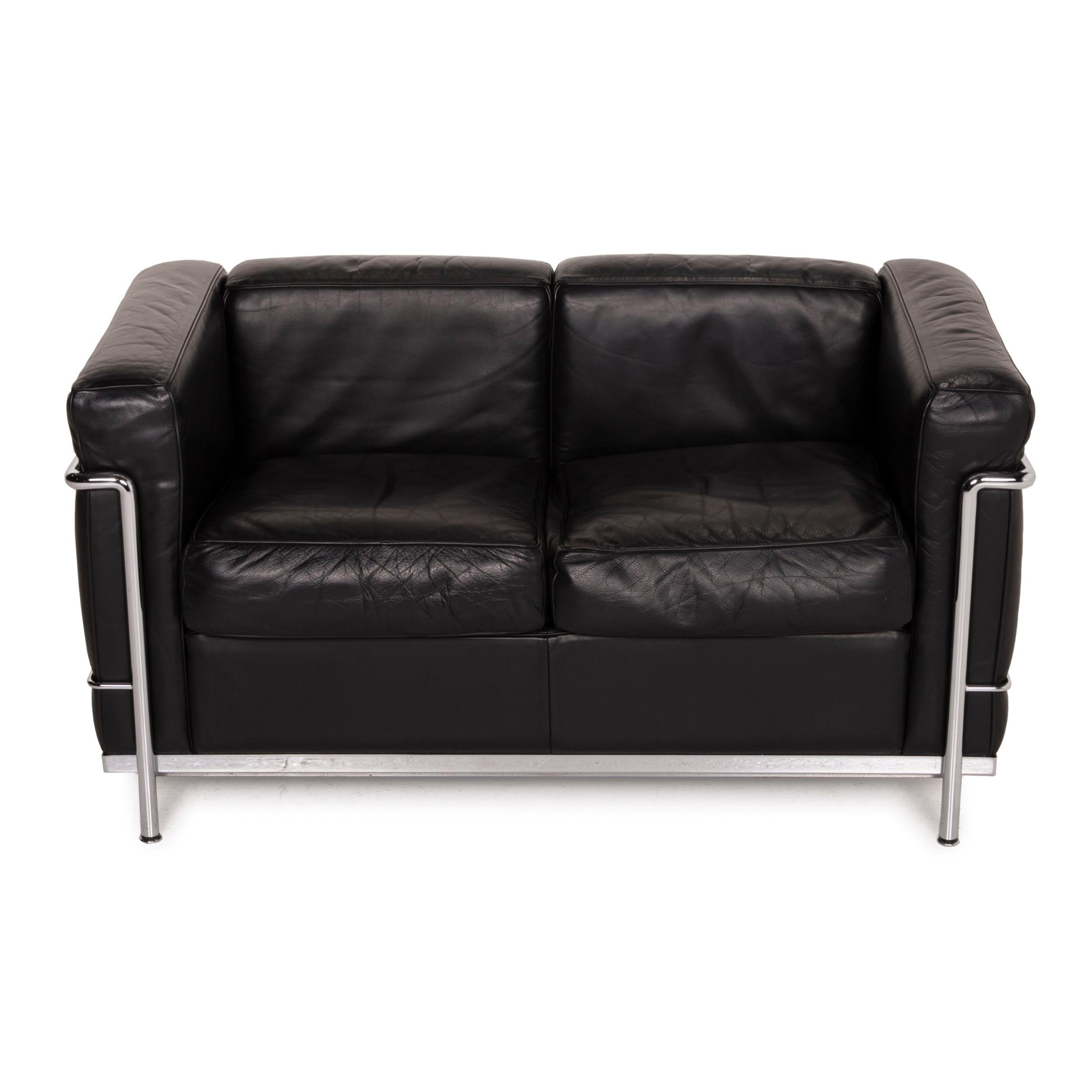 Modern Cassina LC2 Leather Sofa Black Two-Seater Le Corbusier Chrome