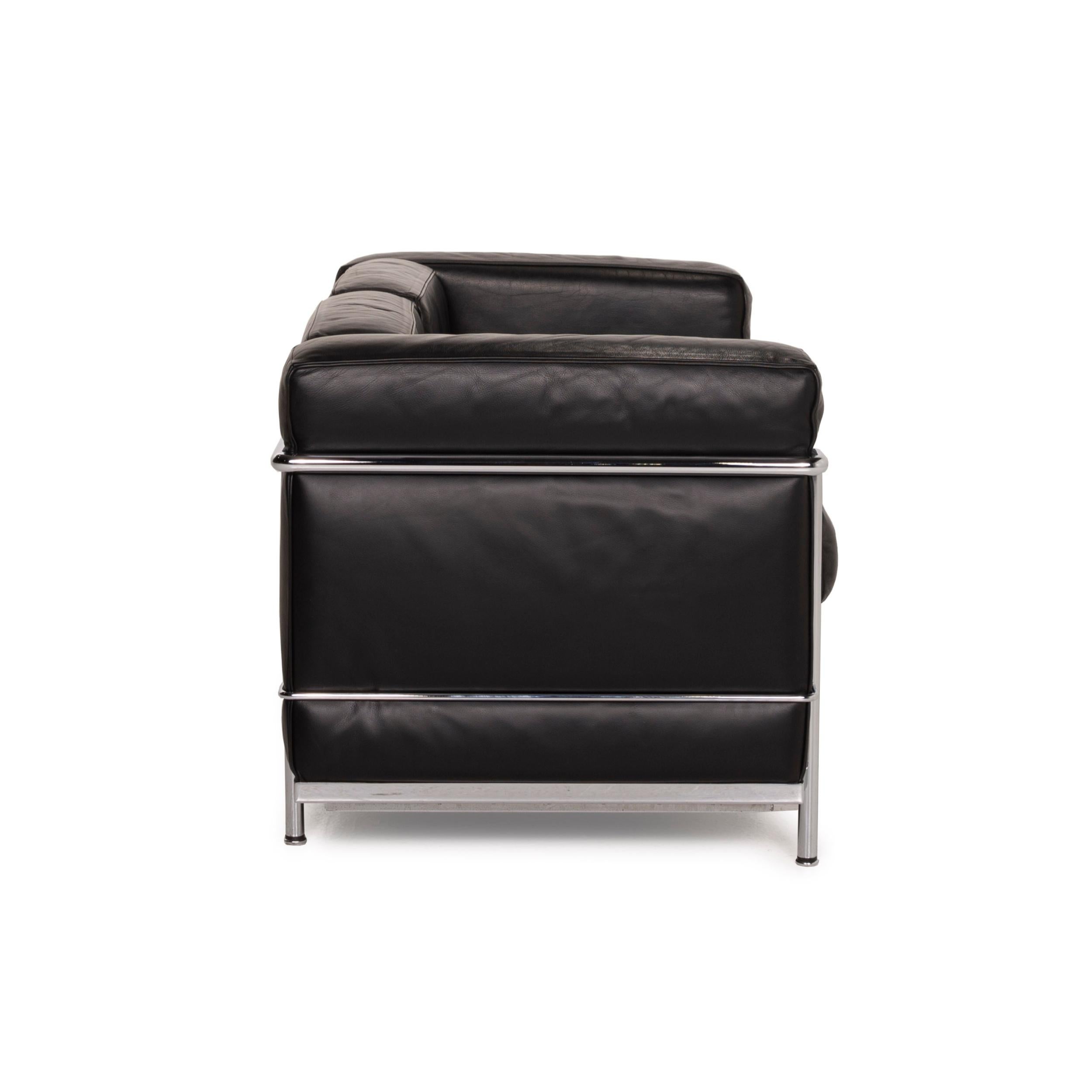 Italian Cassina LC2 Leather Sofa Black Two-Seater Le Corbusier Chrome