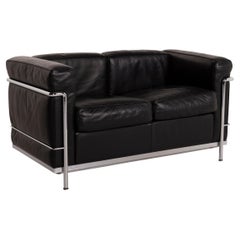 Cassina LC2 Leather Sofa Black Two-Seater Le Corbusier Chrome