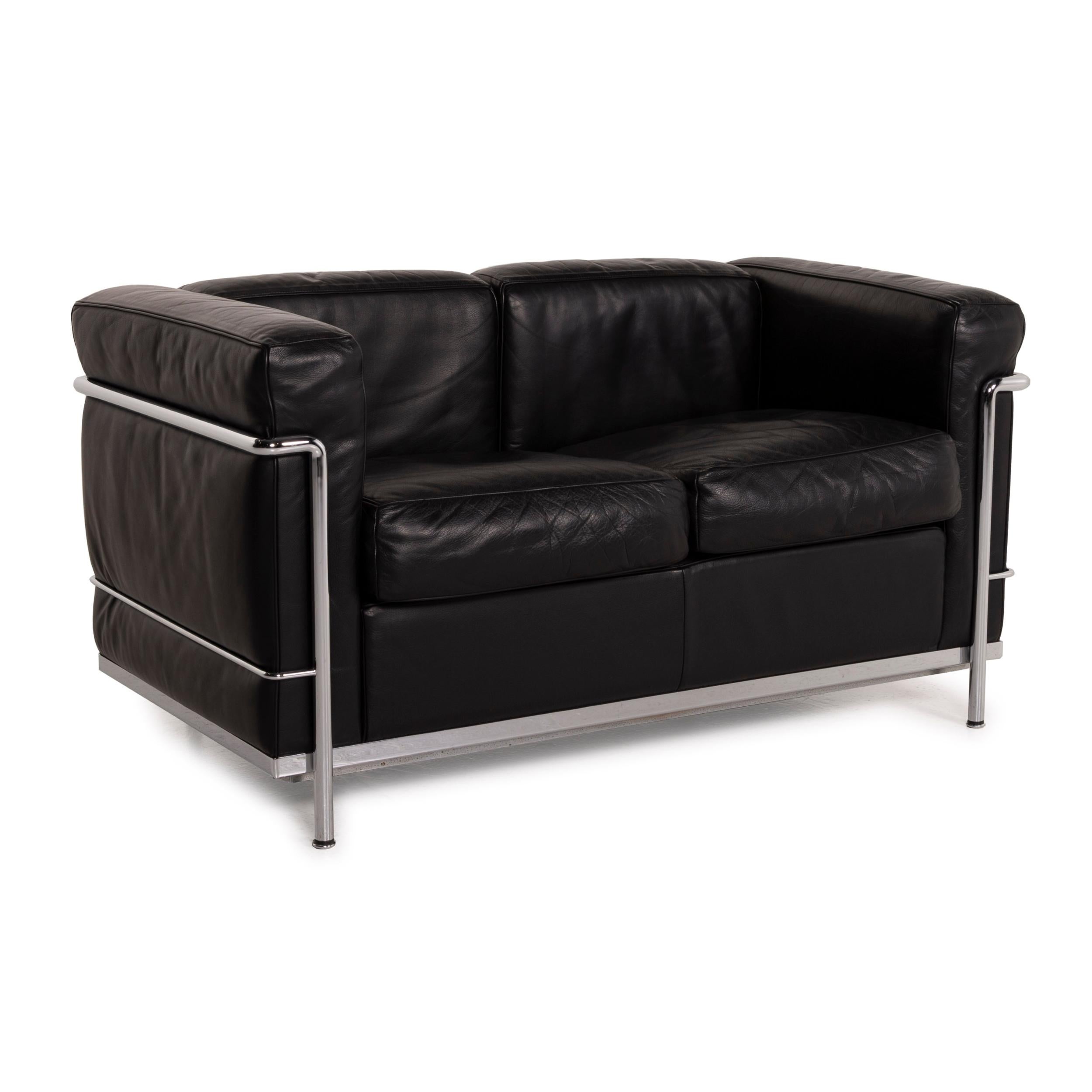 Cassina Lc2 Leather Sofa Set Black Two-Seater Armchair Le Corbusier Chrome 4