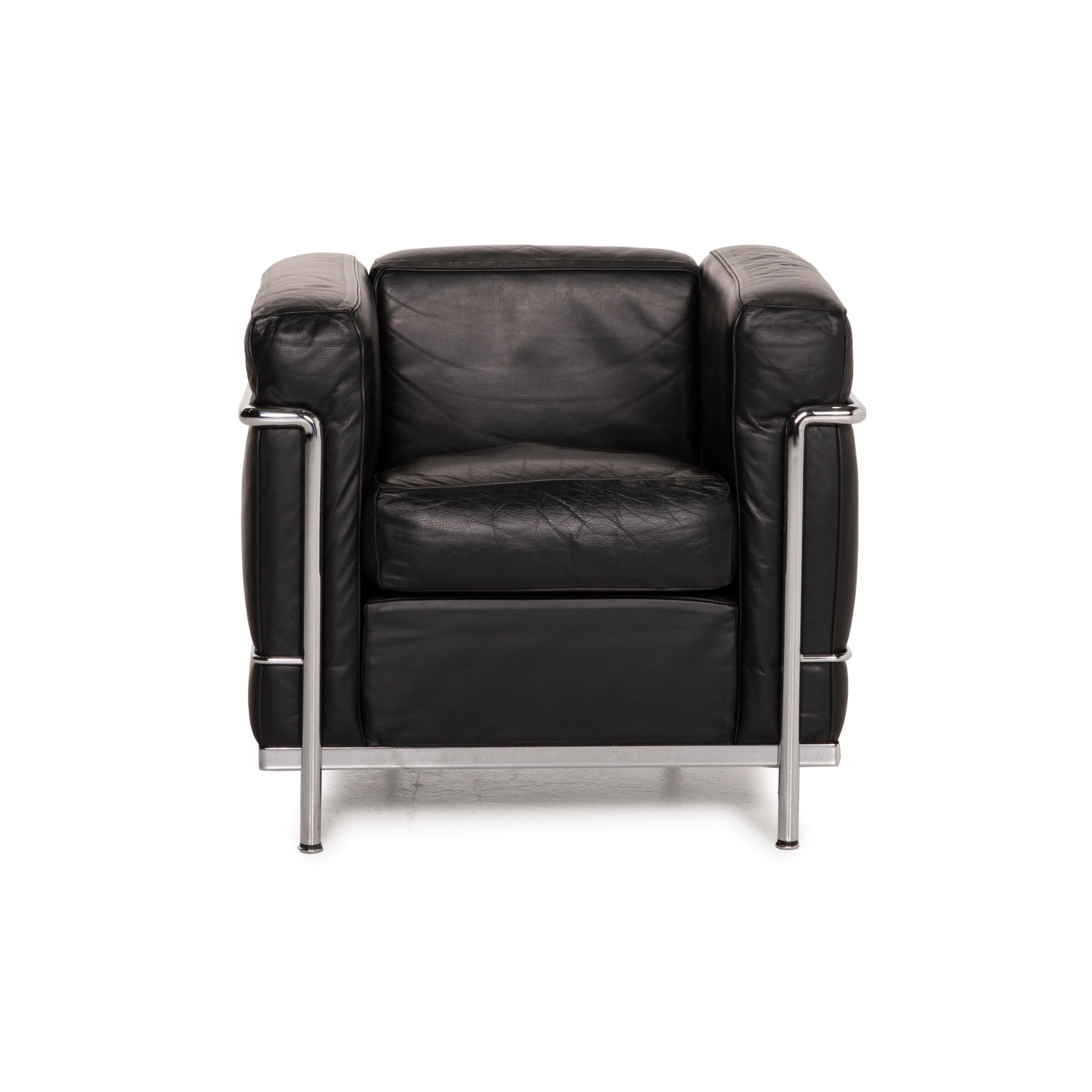 Cassina Lc2 Leather Sofa Set Black Two-Seater Armchair Le Corbusier Chrome 7