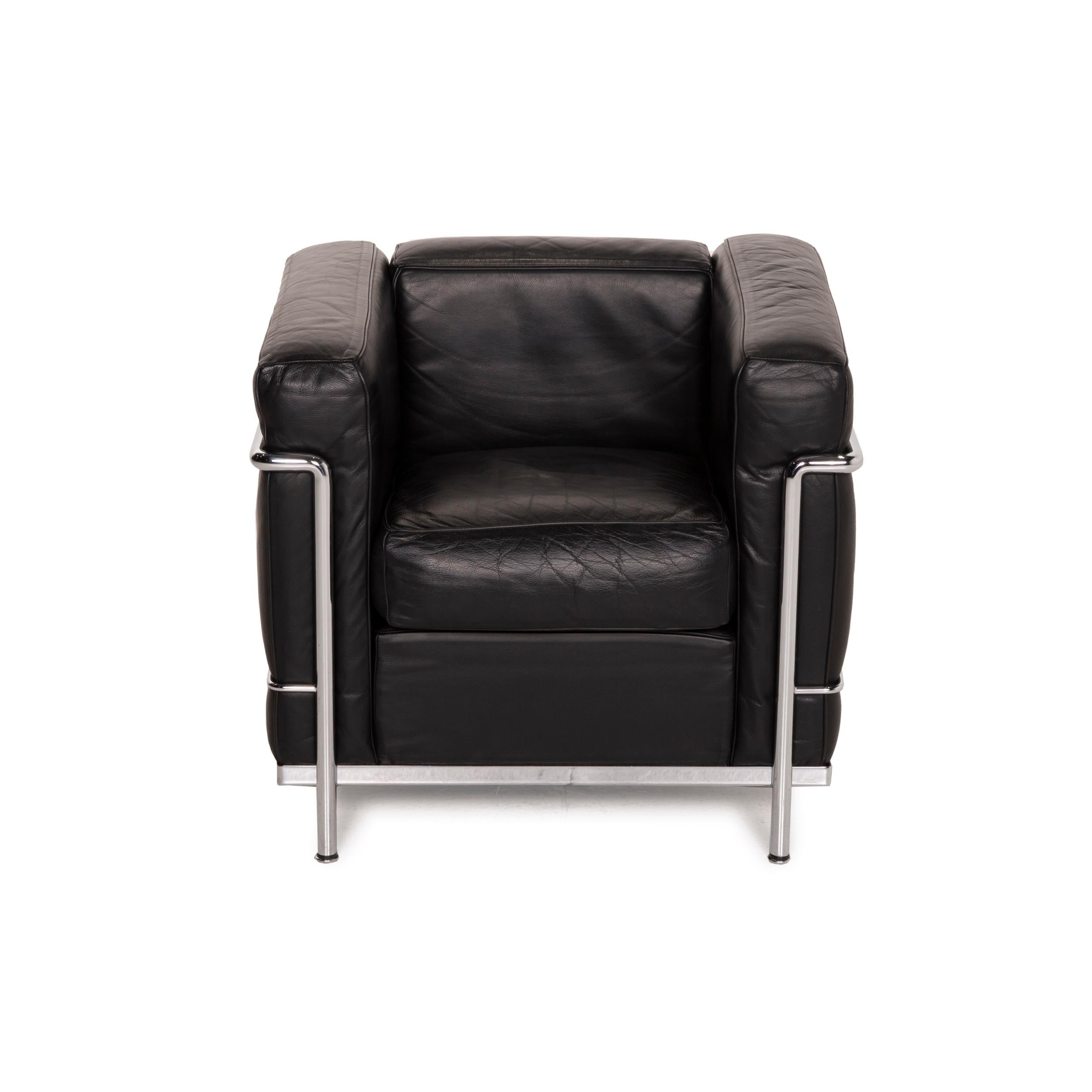 Cassina Lc2 Leather Sofa Set Black Two-Seater Armchair Le Corbusier Chrome 9