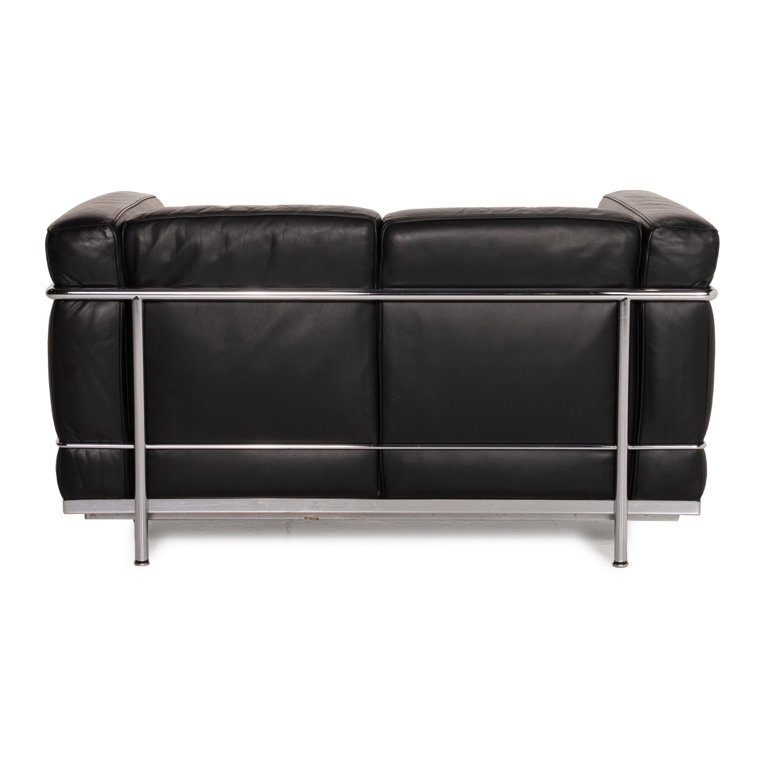 Cassina Lc2 Leather Sofa Set Black Two-Seater Armchair Le Corbusier Chrome 10