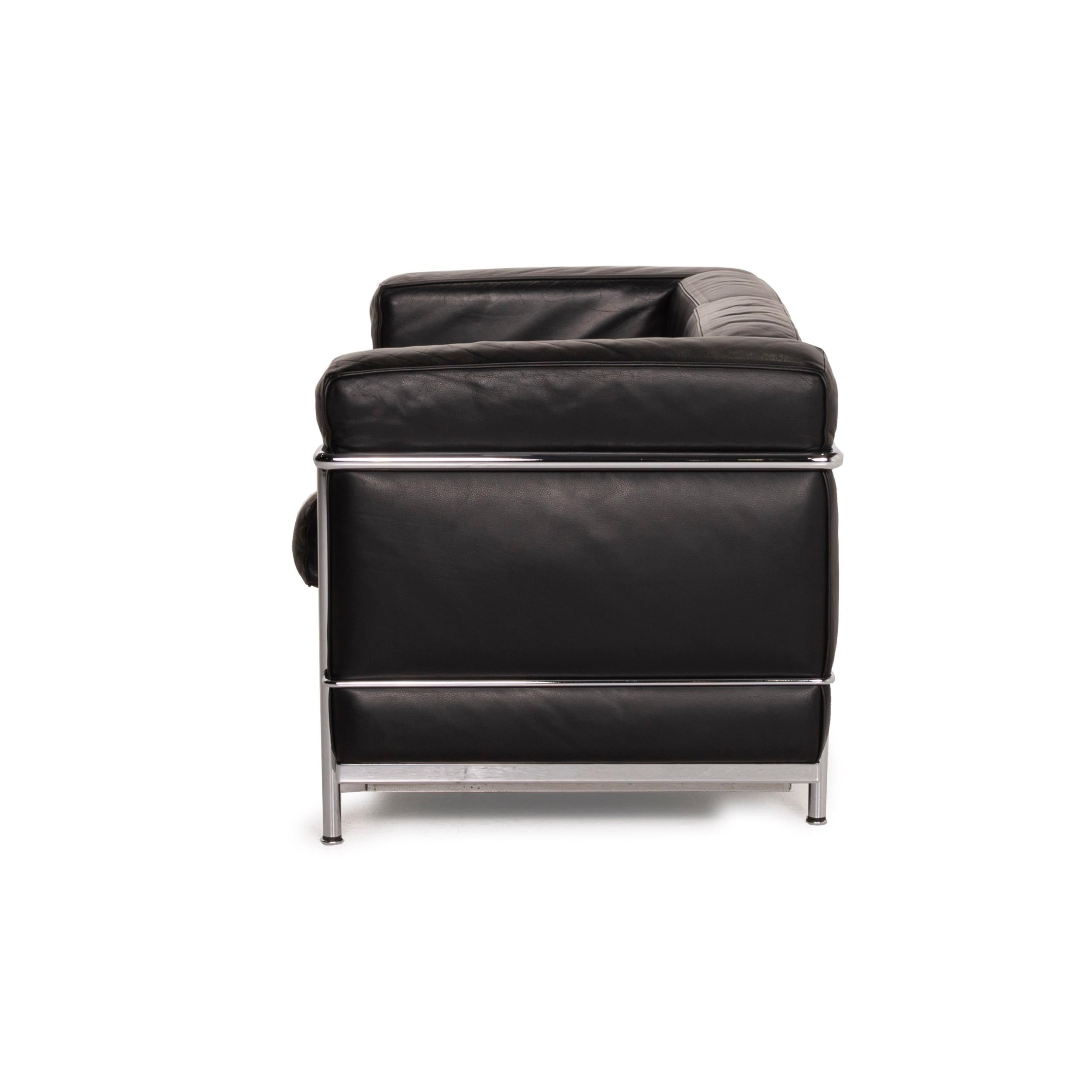 Cassina Lc2 Leather Sofa Set Black Two-Seater Armchair Le Corbusier Chrome 12