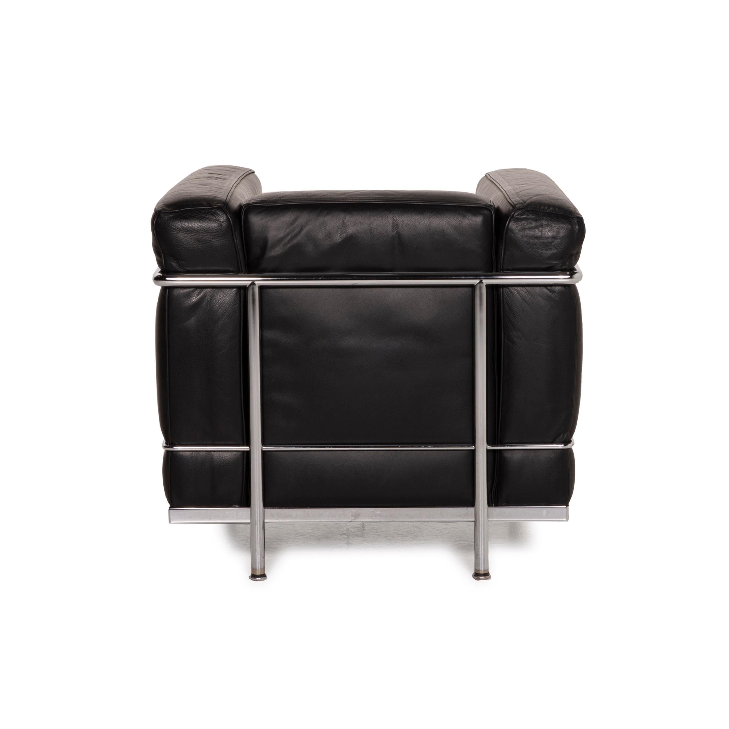 Cassina Lc2 Leather Sofa Set Black Two-Seater Armchair Le Corbusier Chrome 13