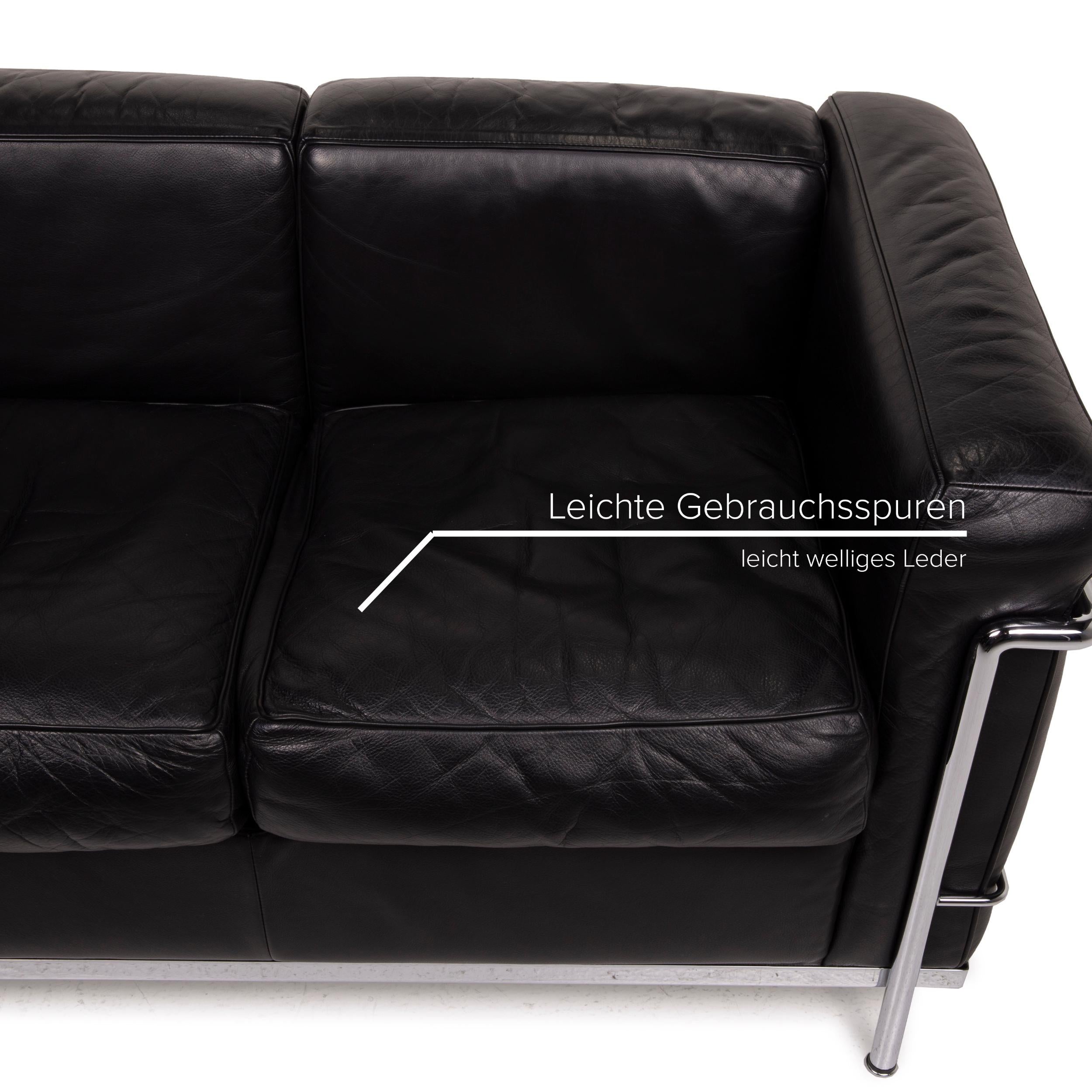 Contemporary Cassina Lc2 Leather Sofa Set Black Two-Seater Armchair Le Corbusier Chrome