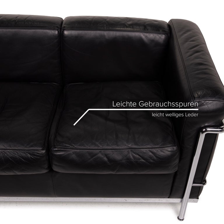 Cassina Lc2 Leather Sofa Set Black Two-Seater Armchair Le Corbusier Chrome  at 1stDibs