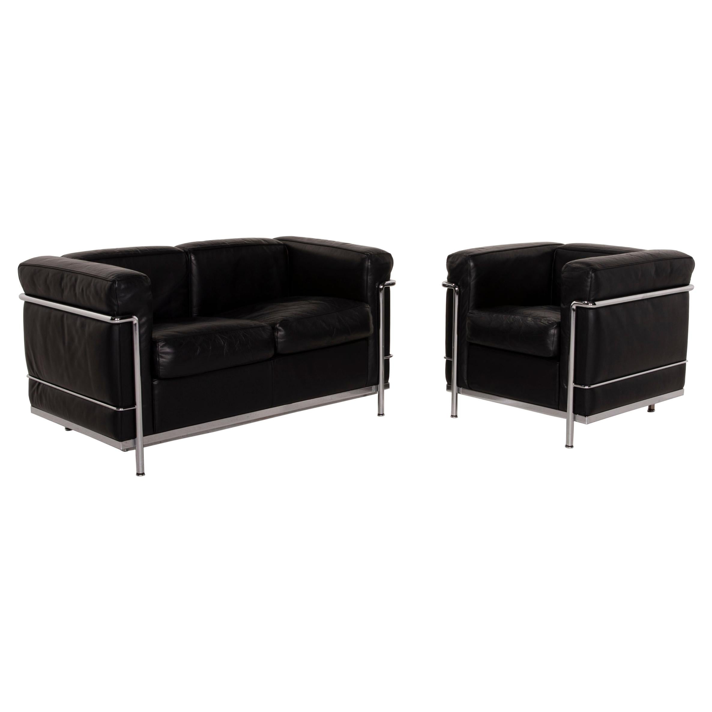 Cassina Lc2 Leather Sofa Set Black Two-Seater Armchair Le Corbusier Chrome