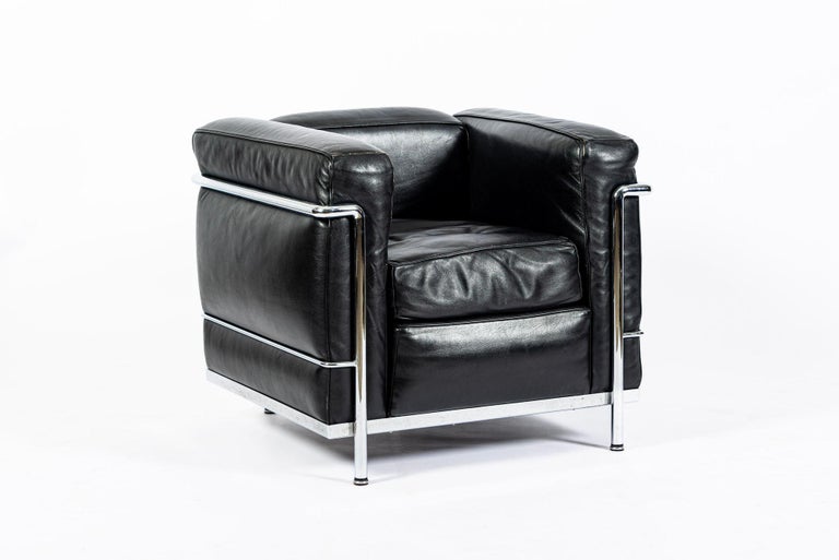 Cassina LC2 Petit Armchair by Le Corbusier, Black Leather, Italy