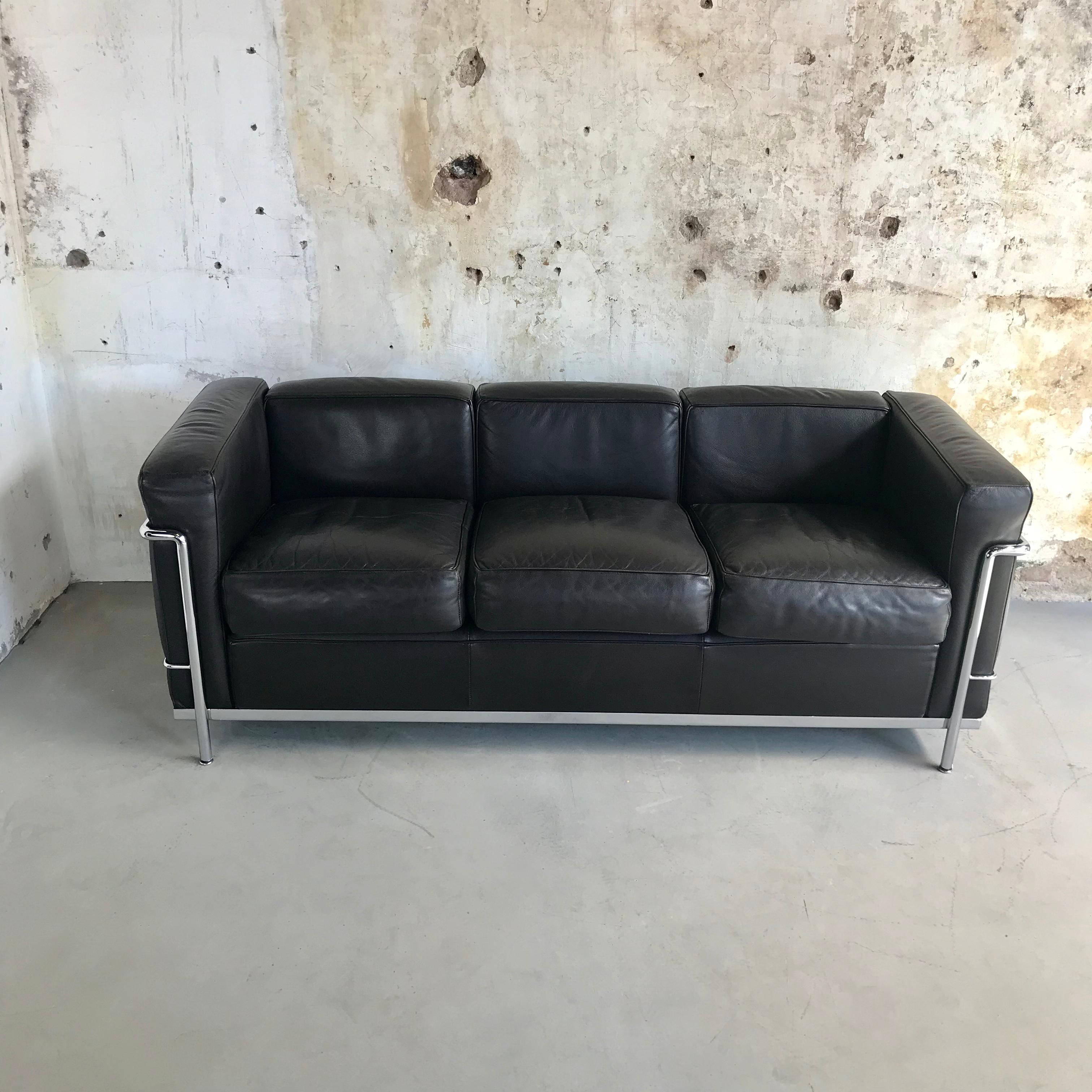 Modern Cassina LC2 Three-Seat Sofa Dark Brown Leather, Le Corbusier, Signed