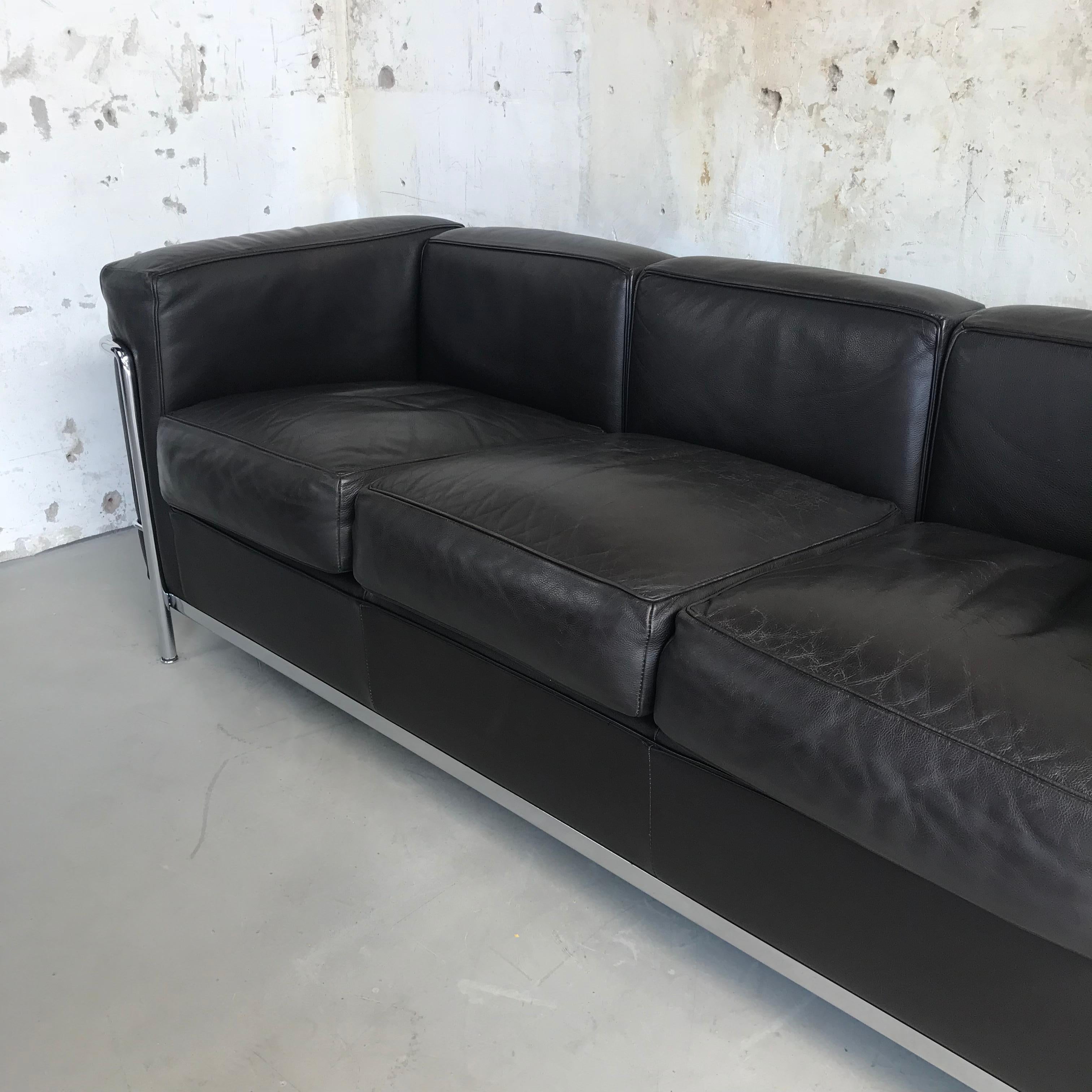 Italian Cassina LC2 Three-Seat Sofa Dark Brown Leather, Le Corbusier, Signed