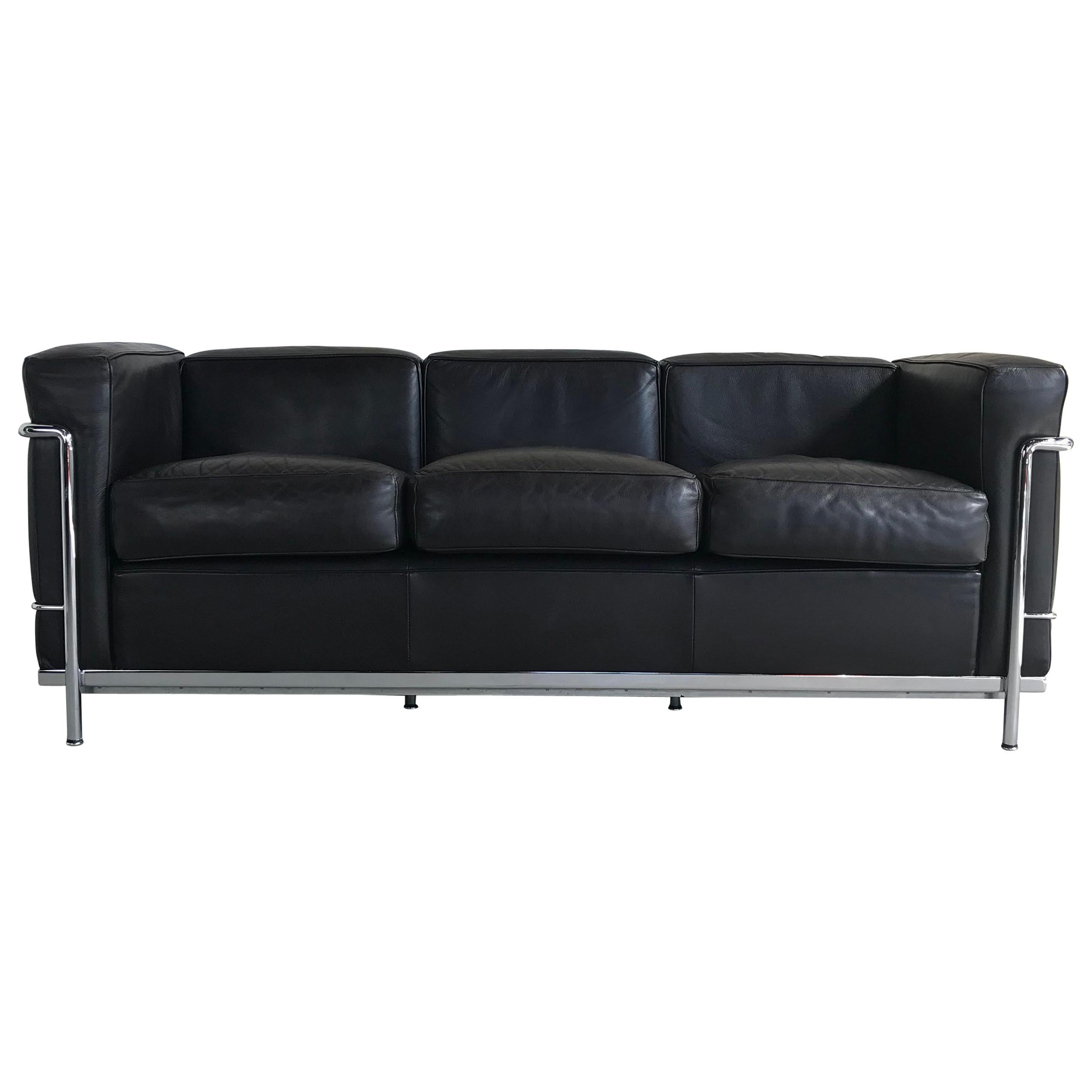 Cassina LC2 Three-Seat Sofa Dark Brown Leather, Le Corbusier, Signed