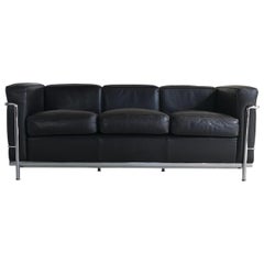 Cassina LC2 Three-Seat Sofa Dark Brown Leather, Le Corbusier, Signed
