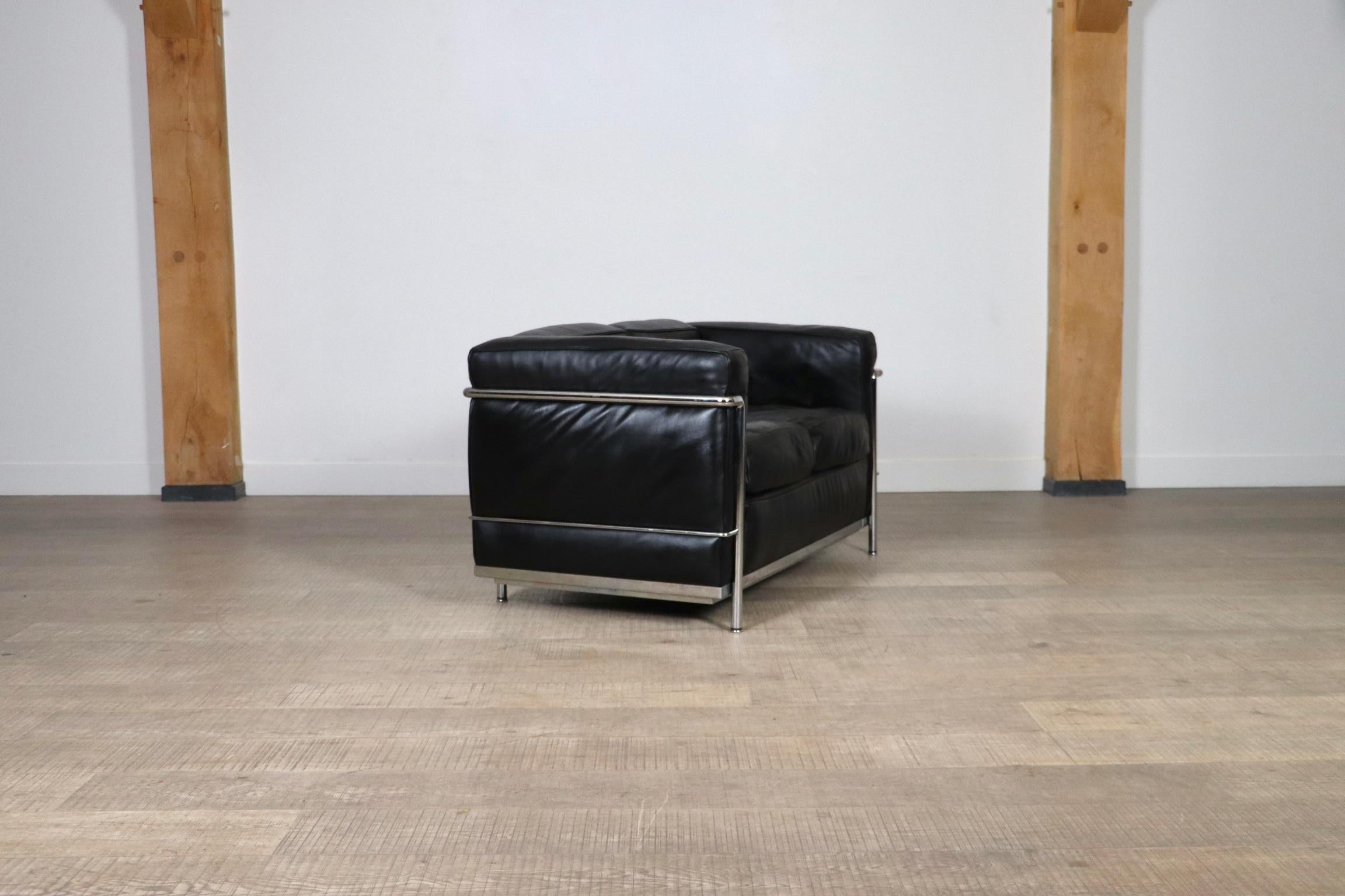 Leather Cassina Lc2 Two Seater Sofa by Charlotte Perriand and Le Corbusier