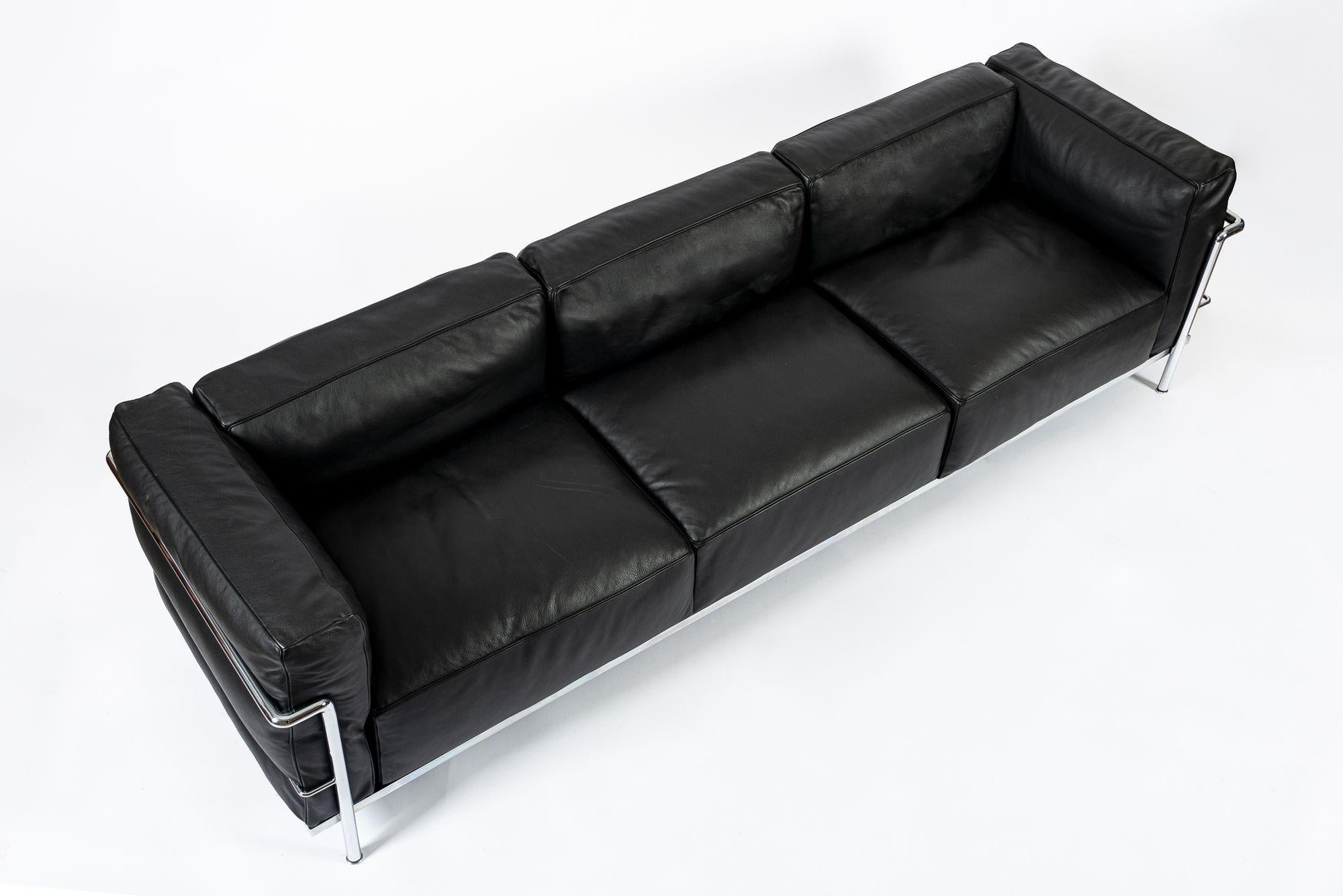 Mid-Century Modern Cassina LC3 Black Leather Three-Seat Sofa by Le Corbusier 2007
