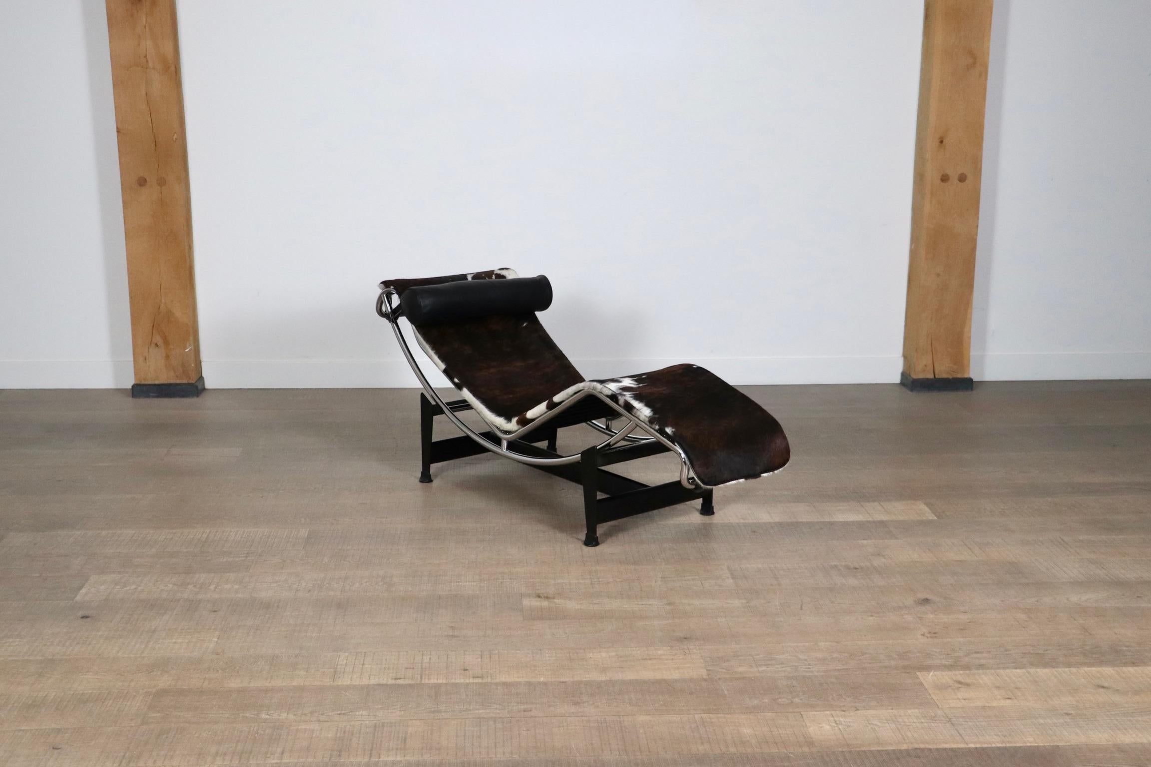 Wonderful chaise longue, model LC4 with nice dark brown spotted ponyskin, designed by Le Corbusier, Pierre Jeanneret and Charlotte Perriand for Cassina in 1965.

The chaise Longue was born from the inspiration of the three design artists who wanted