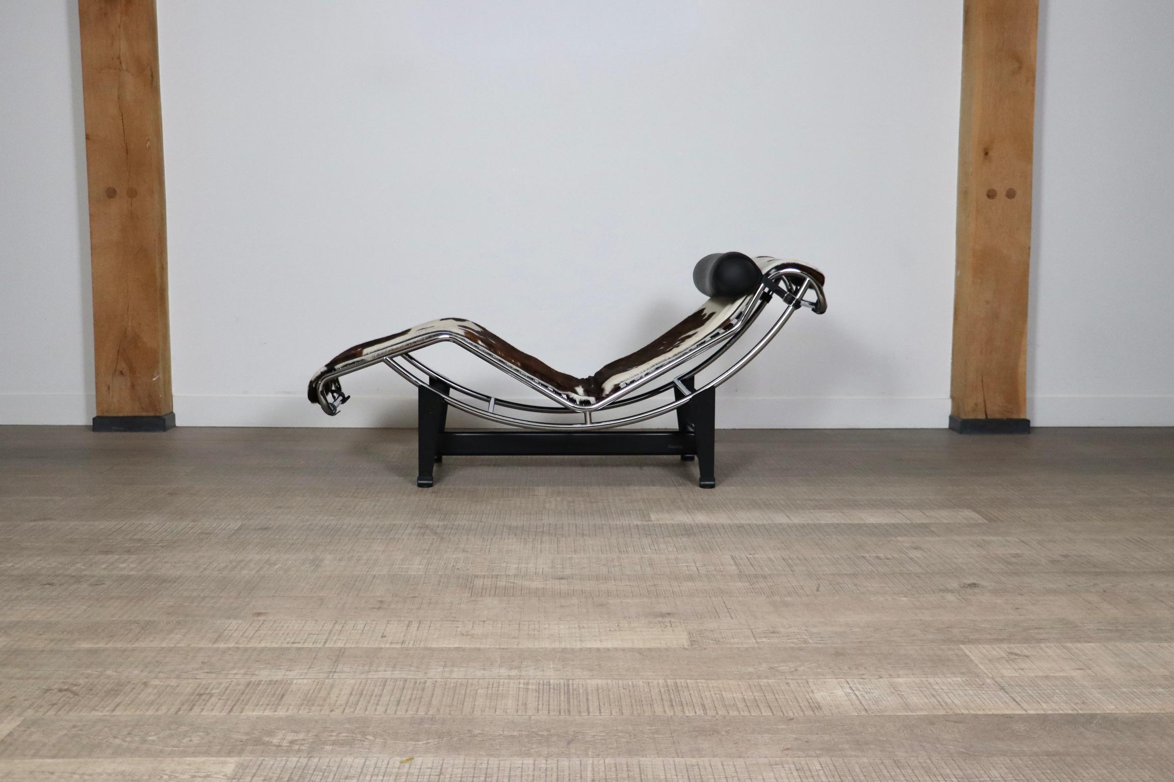 Wonderful chaise longue, model LC4 with ponyskin, designed by Le Corbusier, Pierre Jeanneret and Charlotte Perriand for Cassina in 1965.

The chaise Longue was born from the inspiration of the three design artists who wanted to design a comfortable