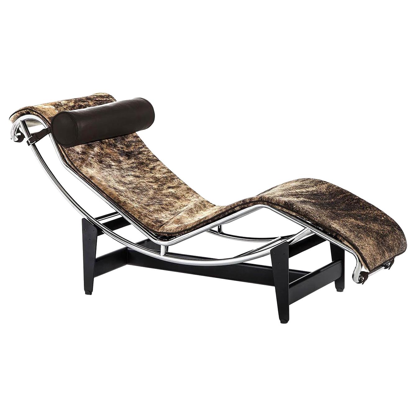 Cassina LC4 Pampas Chaise Lounge, Pad in Pampas Hair, Brown Leather Headroll