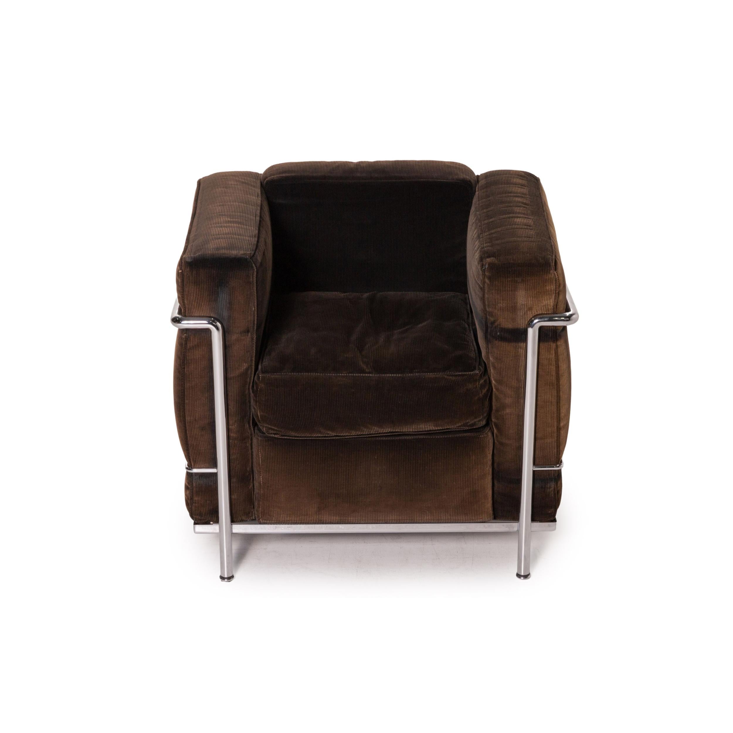 Cassina Le Corbusier LC 2 Cord Fabric Armchair Brown Dark Brown Vintage Tubular 3