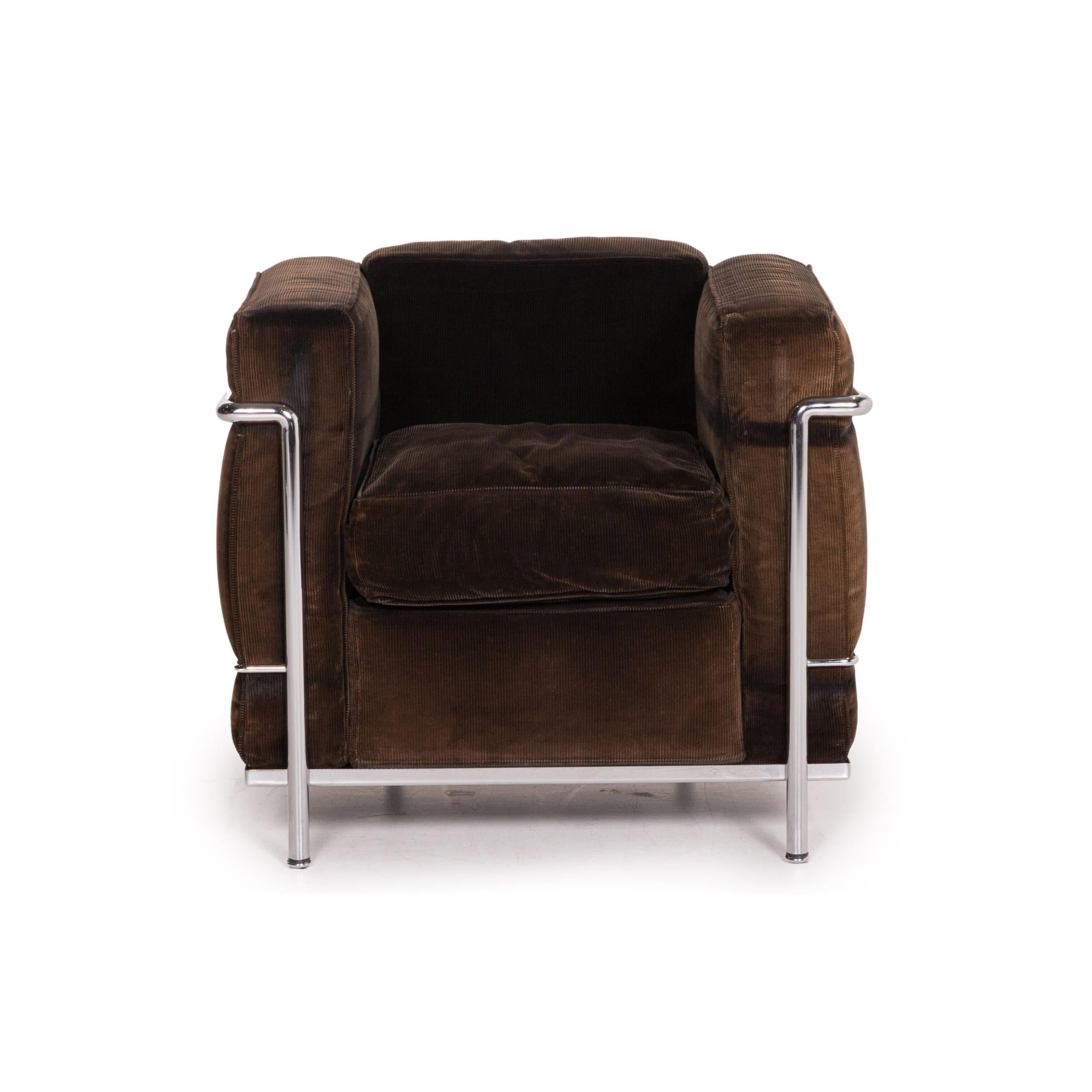 Cassina Le Corbusier LC 2 Cord Fabric Armchair Brown Dark Brown Vintage Tubular 4