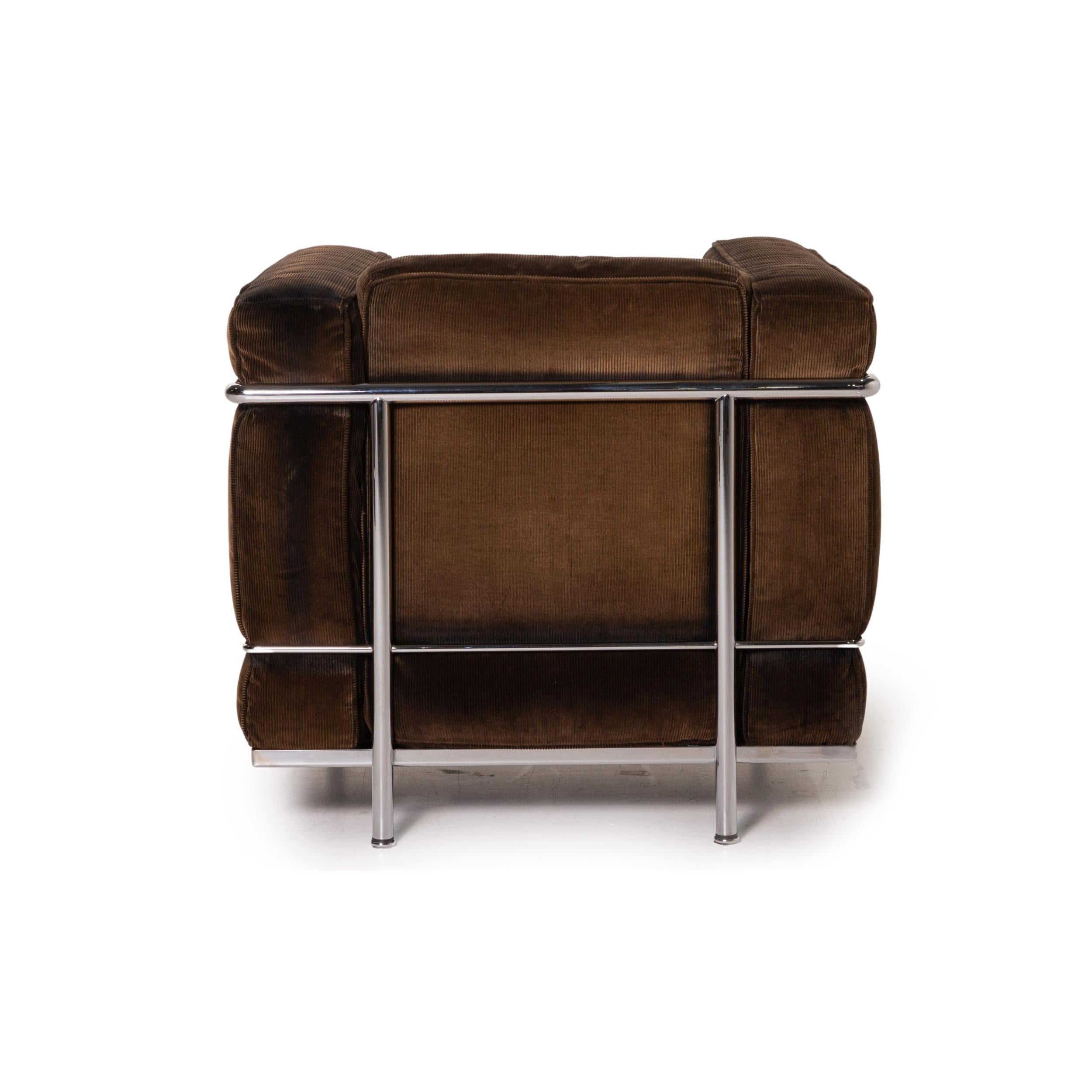 Cassina Le Corbusier LC 2 Cord Fabric Armchair Brown Dark Brown Vintage Tubular 6