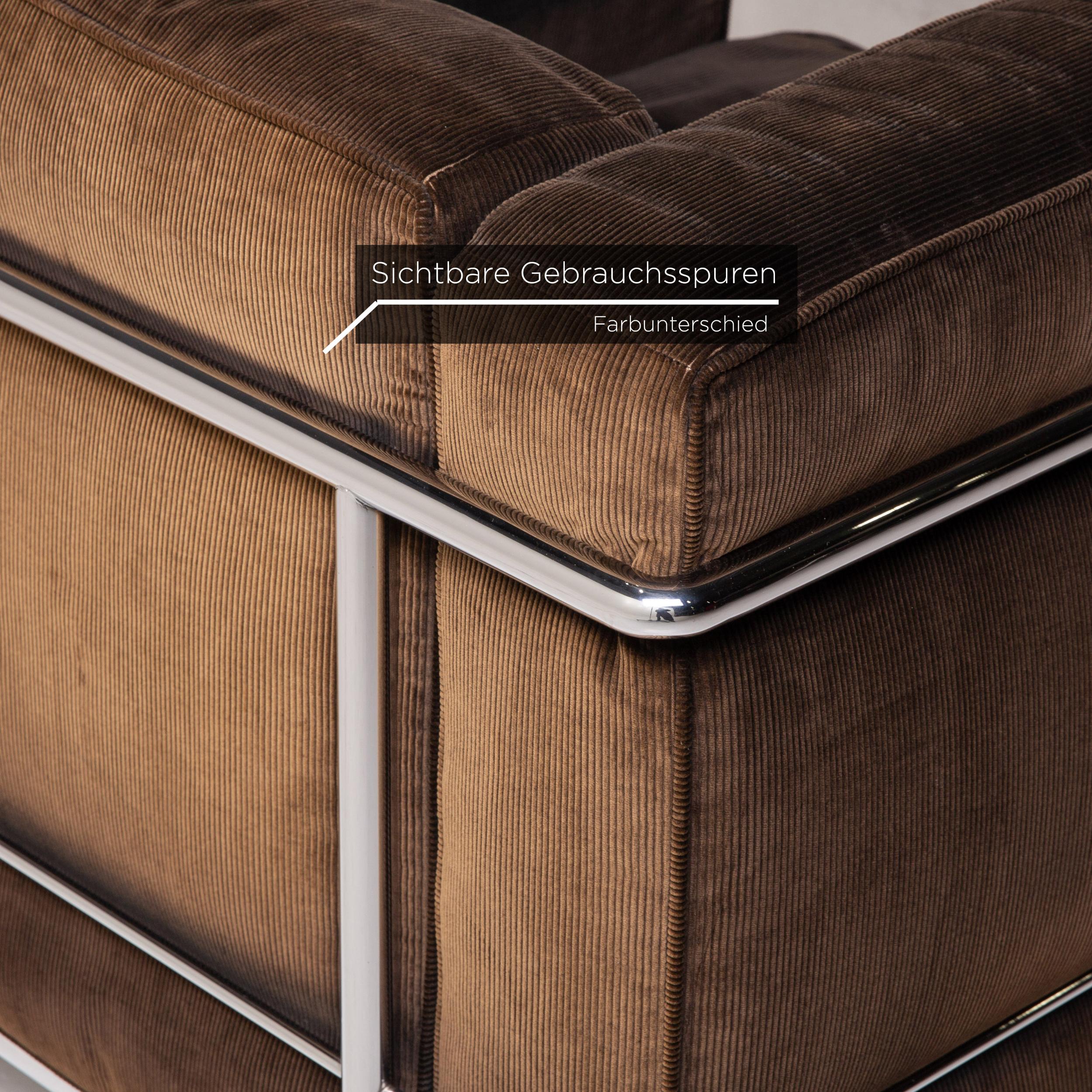 Contemporary Cassina Le Corbusier LC 2 Cord Fabric Armchair Set Brown Dark Brown Vintage