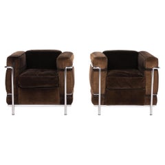 Cassina Le Corbusier LC 2 Cord Fabric Armchair Set Brown Dark Brown Vintage