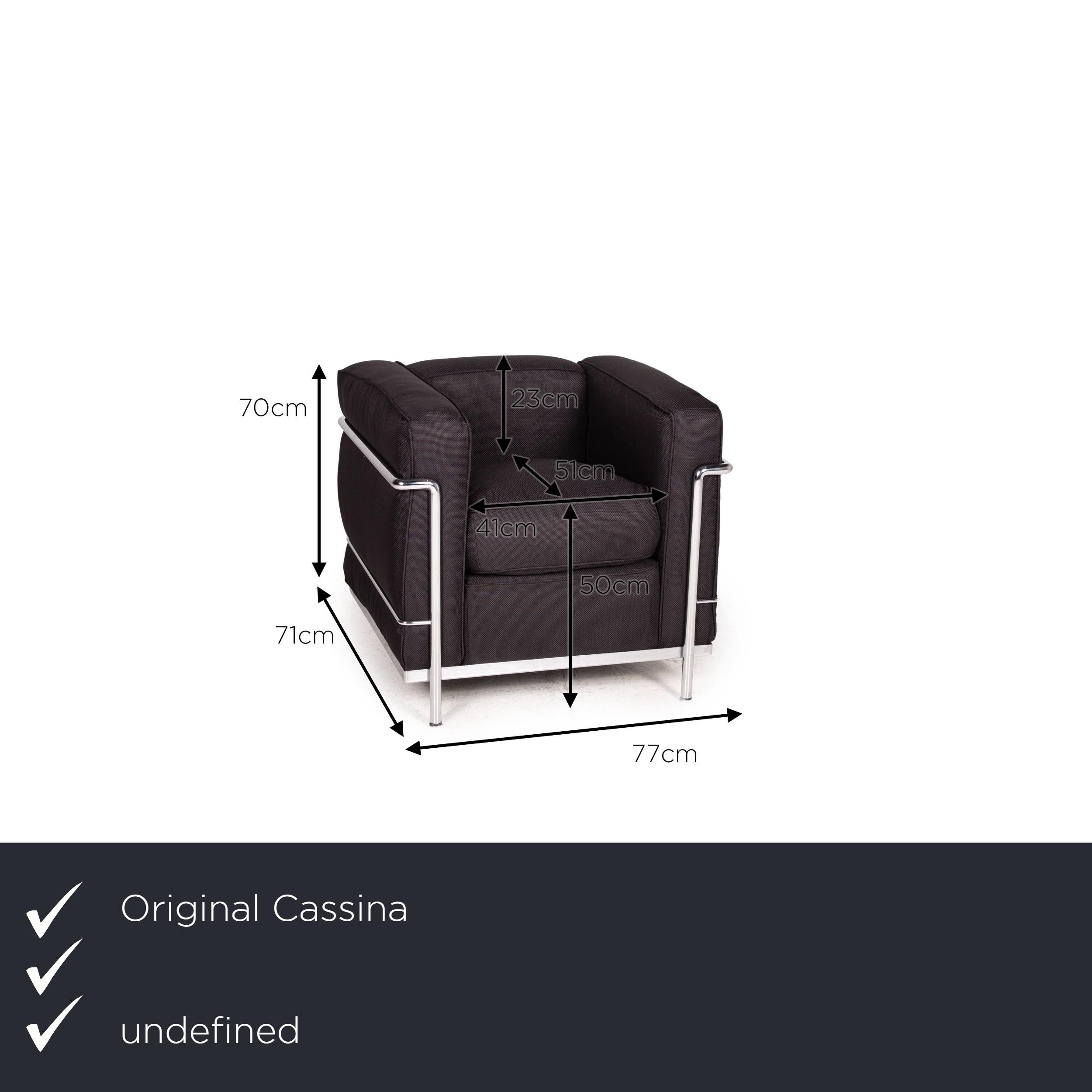 We present to you a Cassina Le Corbusier LC 2 fabric armchair set black.
 

 Product measurements in centimeters:
 

Depth: 71
Width: 77
Height: 70
Seat height: 50
Rest height: 70
Seat depth: 51
Seat width: 41
Back height: 23.
 