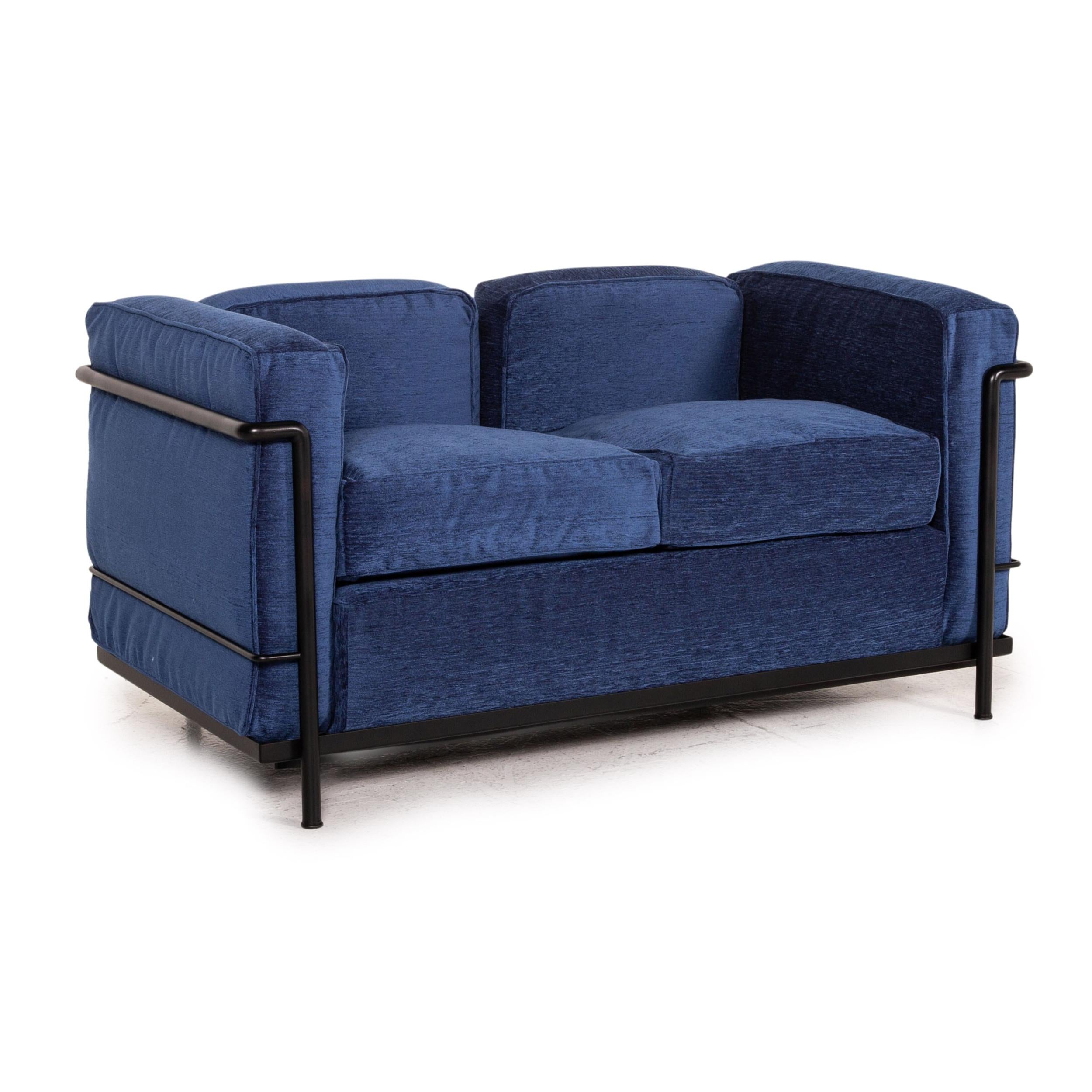 Cassina Le Corbusier LC 2 Fabric Sofa Blue Two-Seater Couch In Fair Condition In Cologne, DE