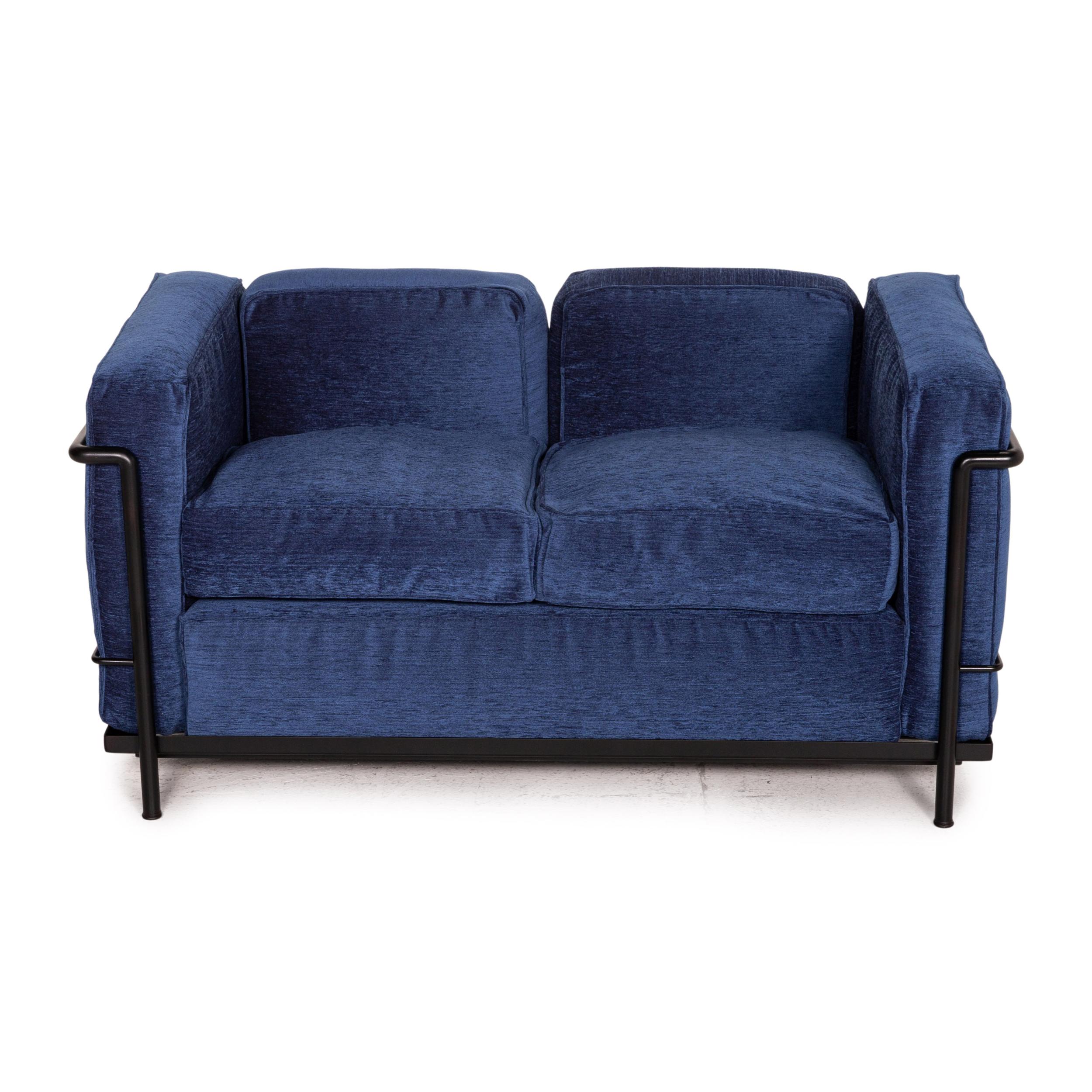 Contemporary Cassina Le Corbusier LC 2 Fabric Sofa Blue Two-Seater Couch