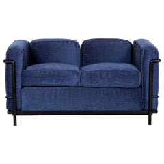 Cassina Le Corbusier LC 2 Fabric Sofa Blue Two-Seater Couch