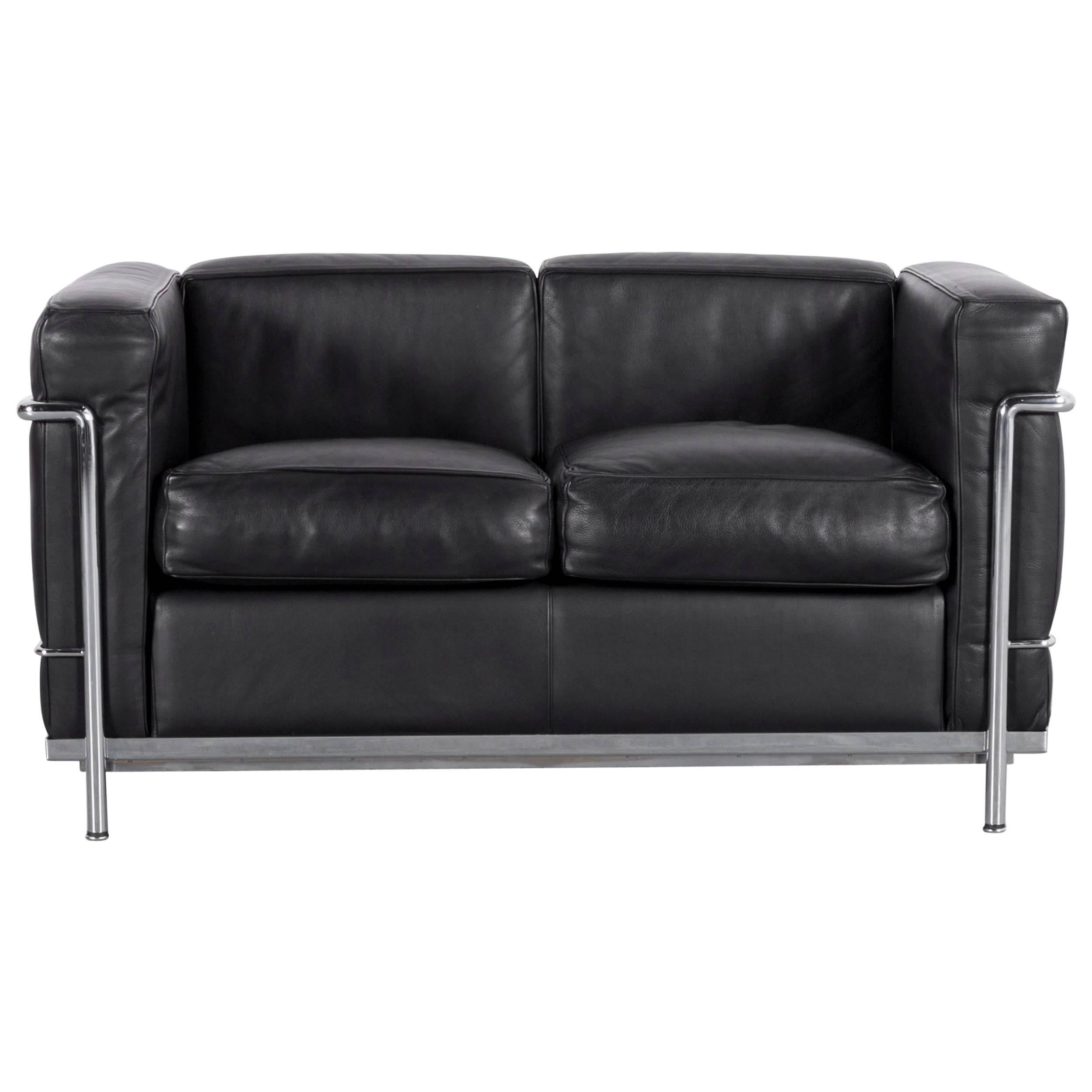 Cassina Le Corbusier LC 2 Leather Sofa Black Two-Seat For Sale