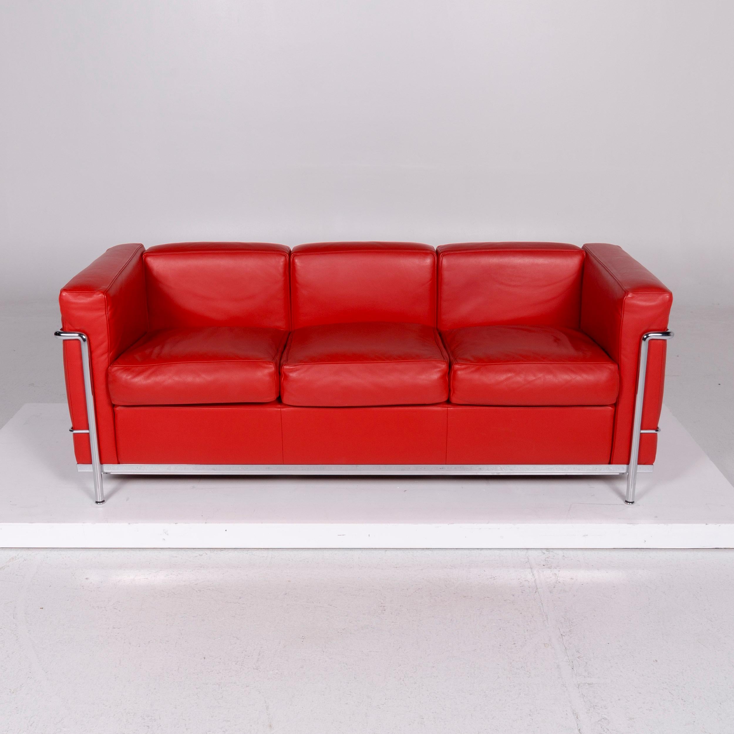 Modern Cassina Le Corbusier LC 2 Leather Sofa Red Three-Seat Couch