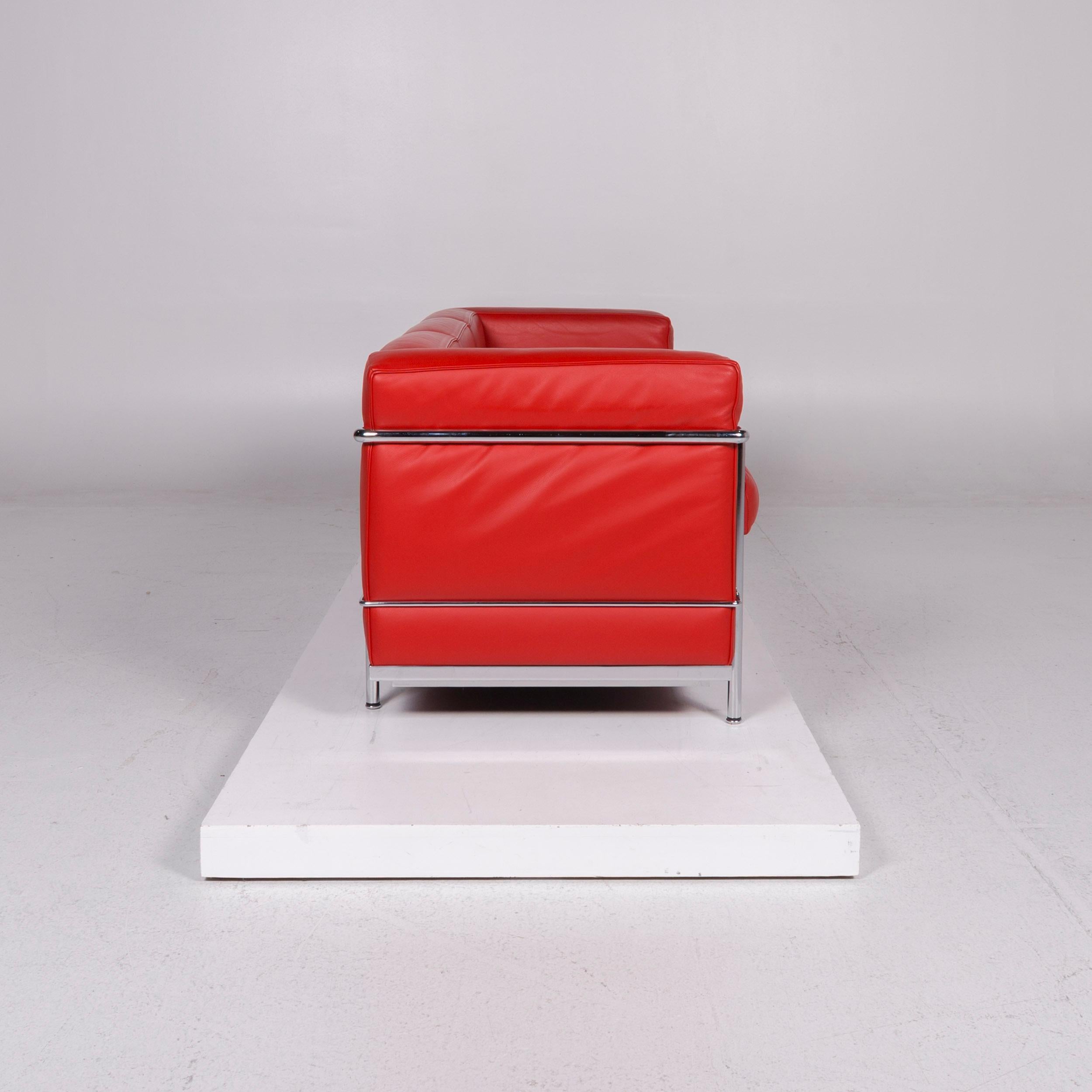 Italian Cassina Le Corbusier LC 2 Leather Sofa Red Three-Seat Couch