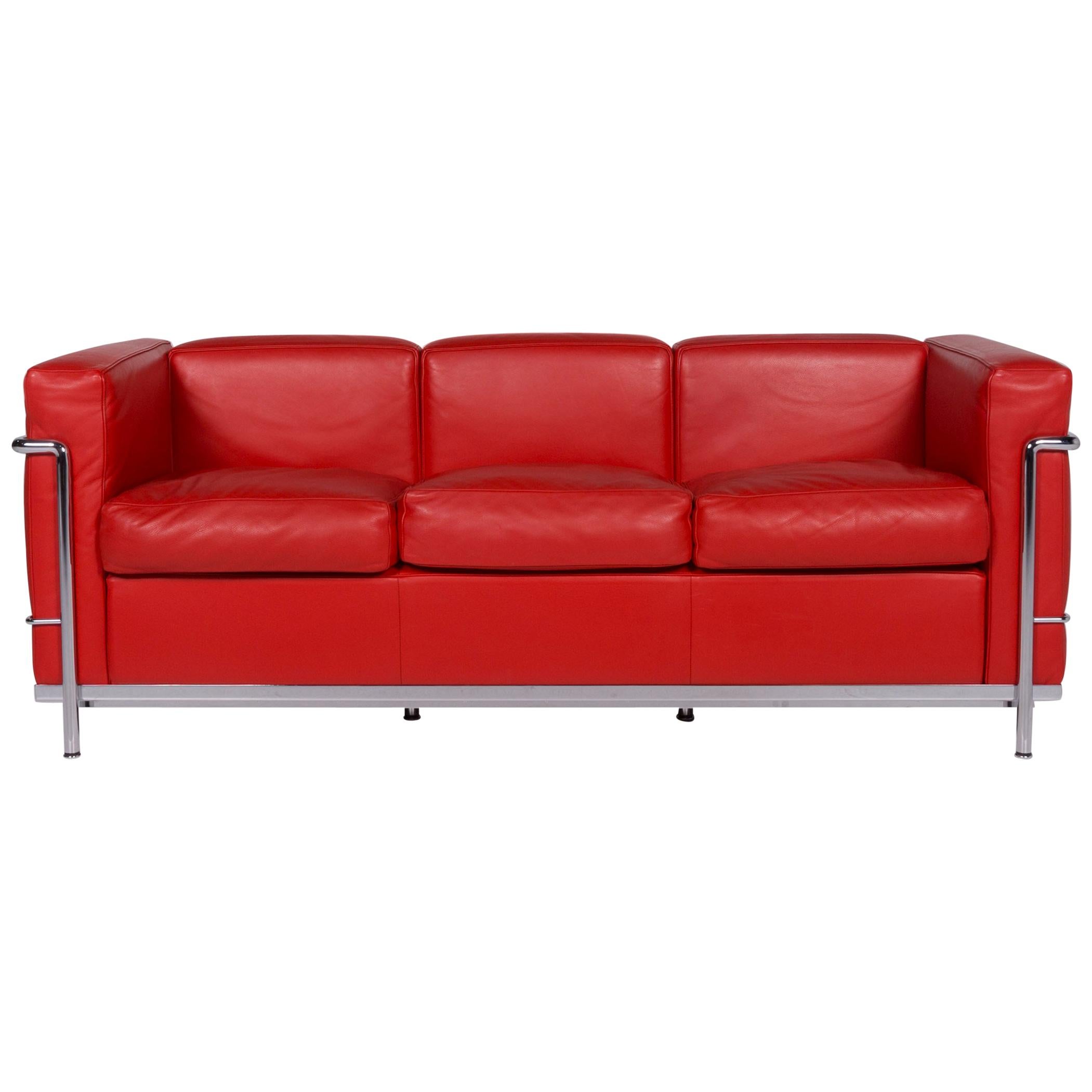 Cassina Le Corbusier LC 2 Leather Sofa Red Three-Seat Couch