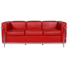 Cassina Le Corbusier LC 2 Leather Sofa Red Three-Seat Couch