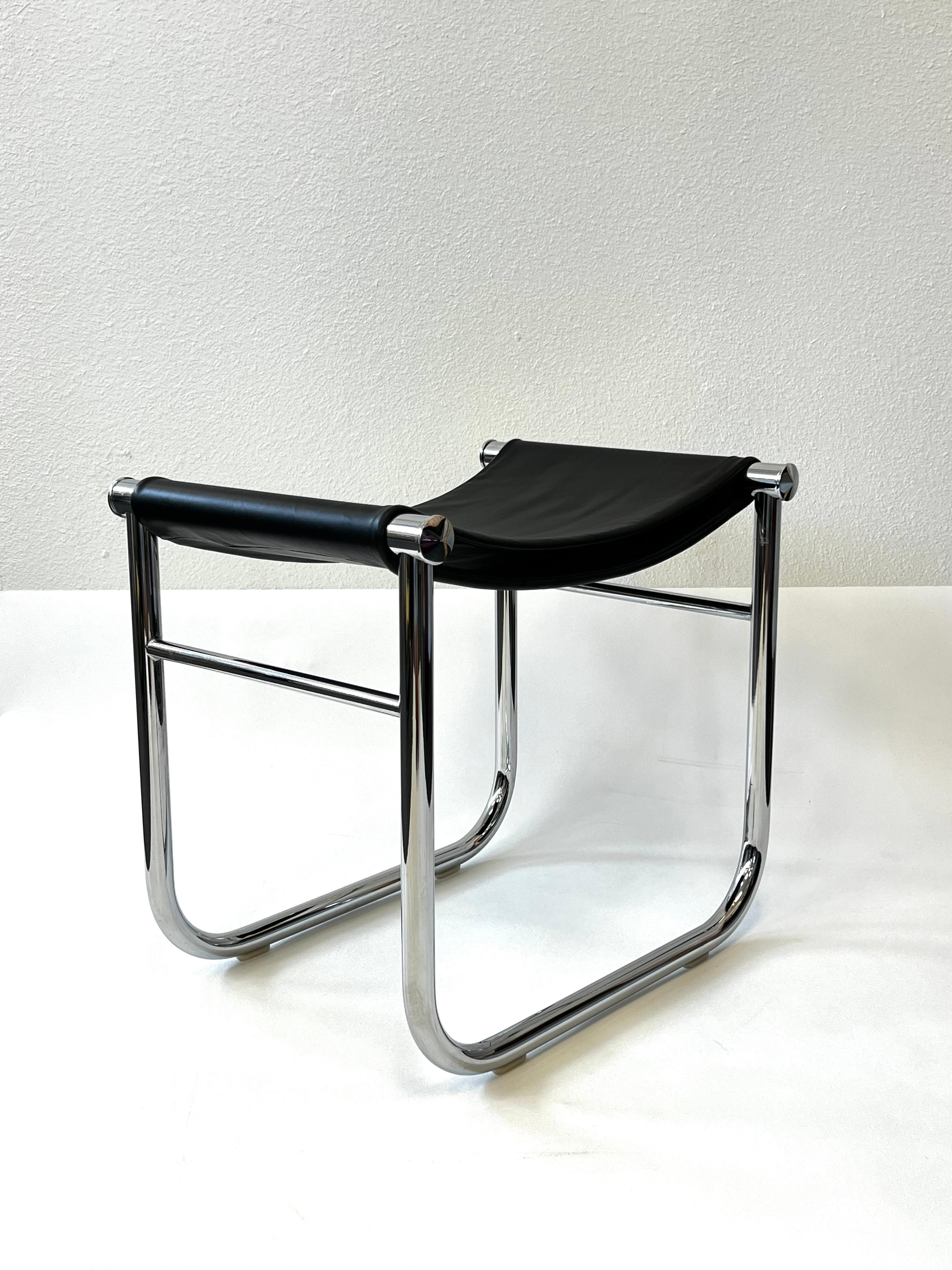 Late 20th Century Cassina Le Corbusier LC9 Black Leather and Chrome Stool