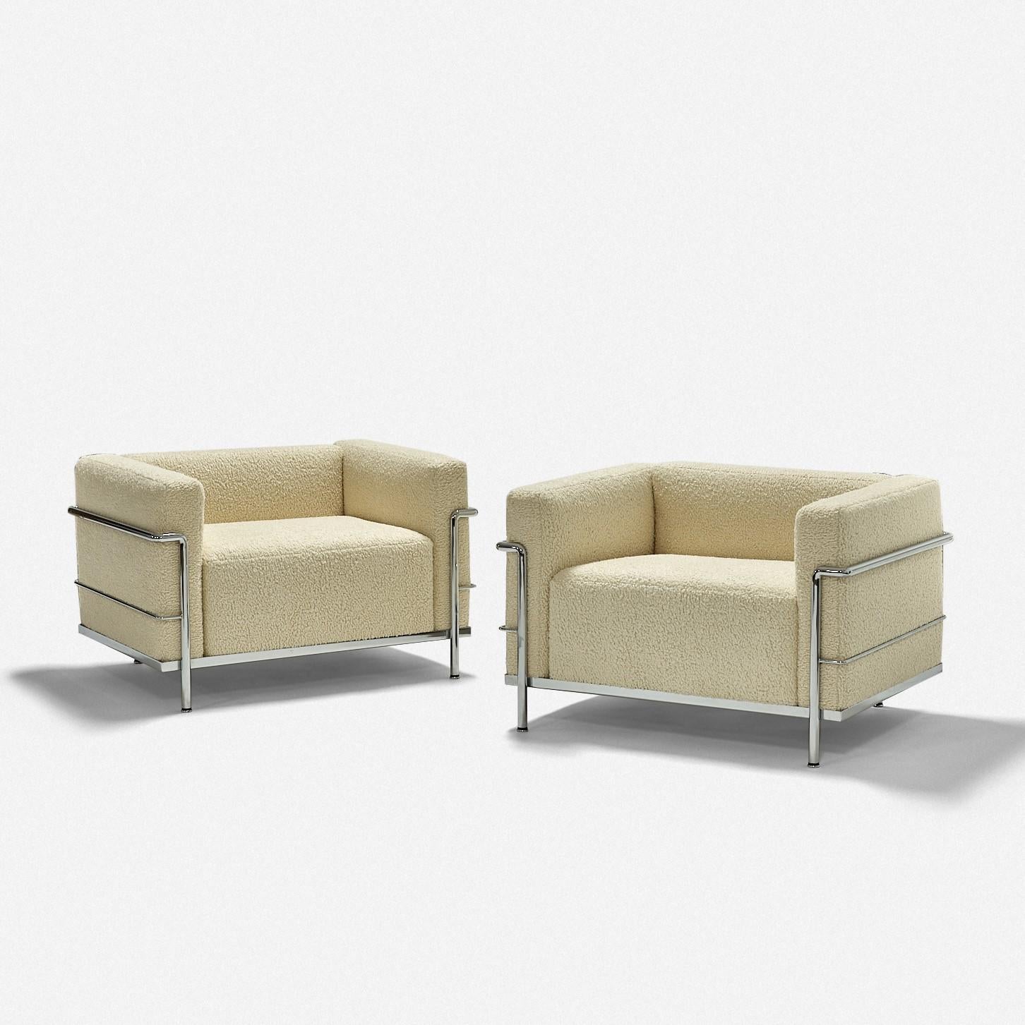 Charlotte Perriand, Pierre Jeanneret and Le Corbusier

LC3 lounge pair of chairs

Cassina
France 1928 / Italy c. 1990s
fabric, chrome-plate steel
Measures: 39 W × 30 D × 24 H inches

Singed pair of LC3 lounge chairs by Cassina with new
