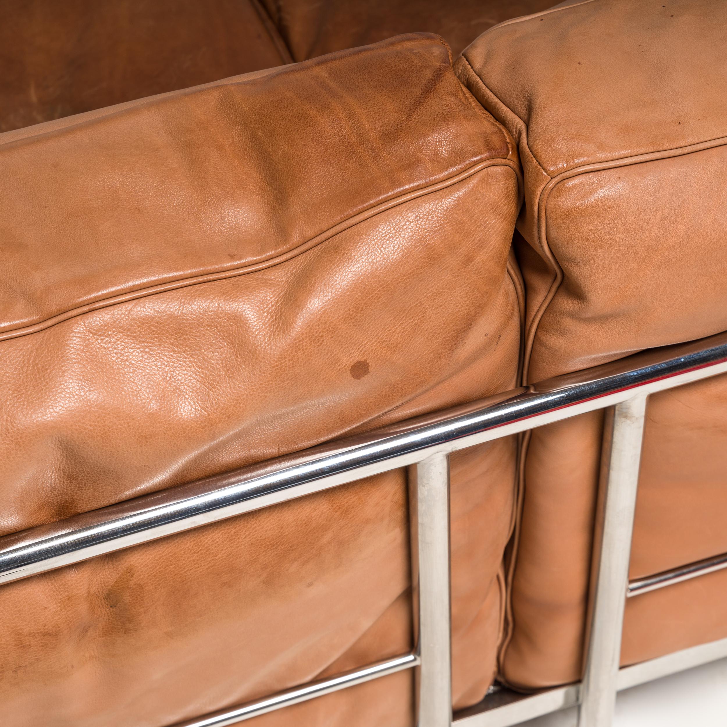 Italian Cassina by Le Corbusier Tan Leather LC3 Grand Confort 3-Seat Sofa