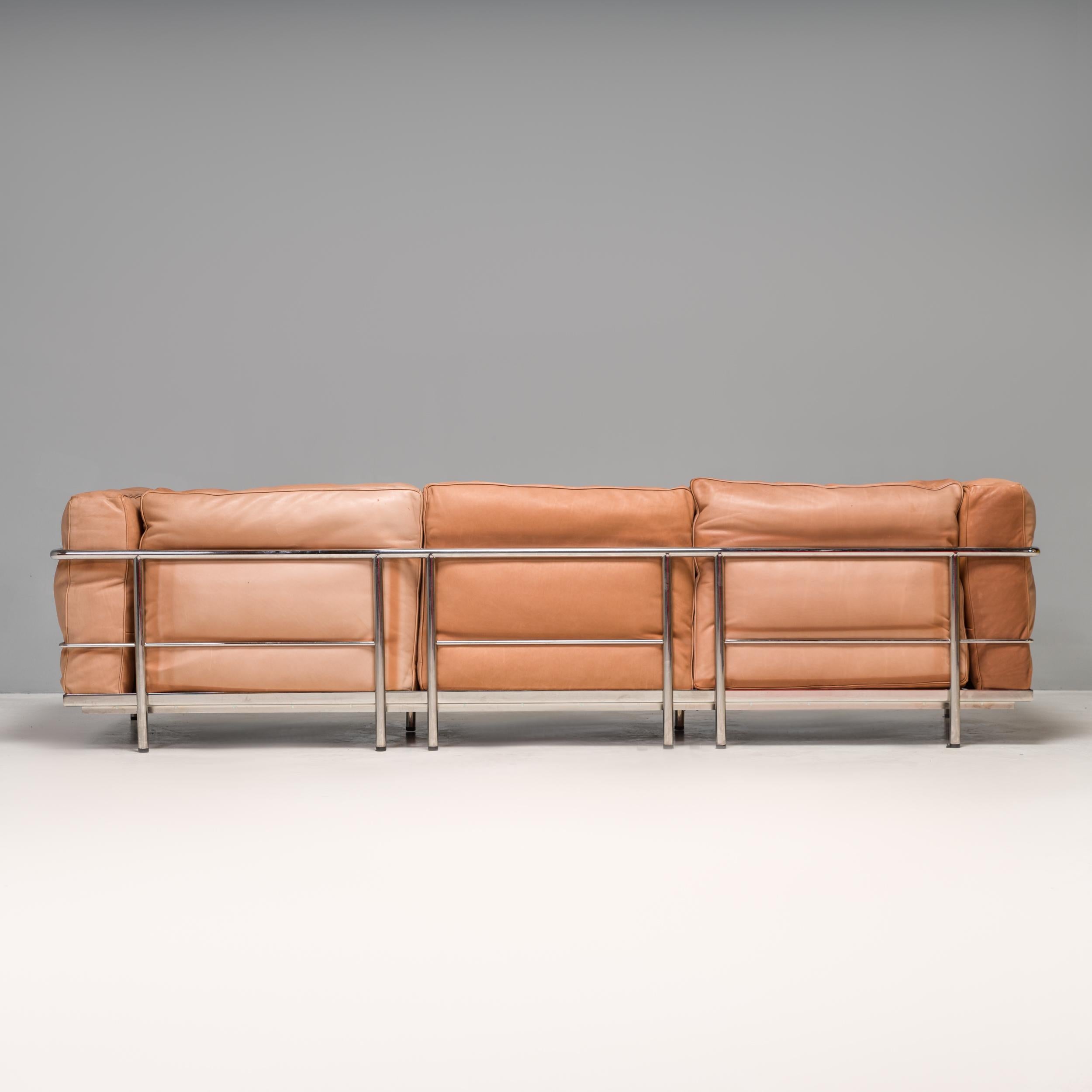 Italian Cassina  Le Corbusier Tan Brown Leather LC3 Grand Confort Three Seat Sofa