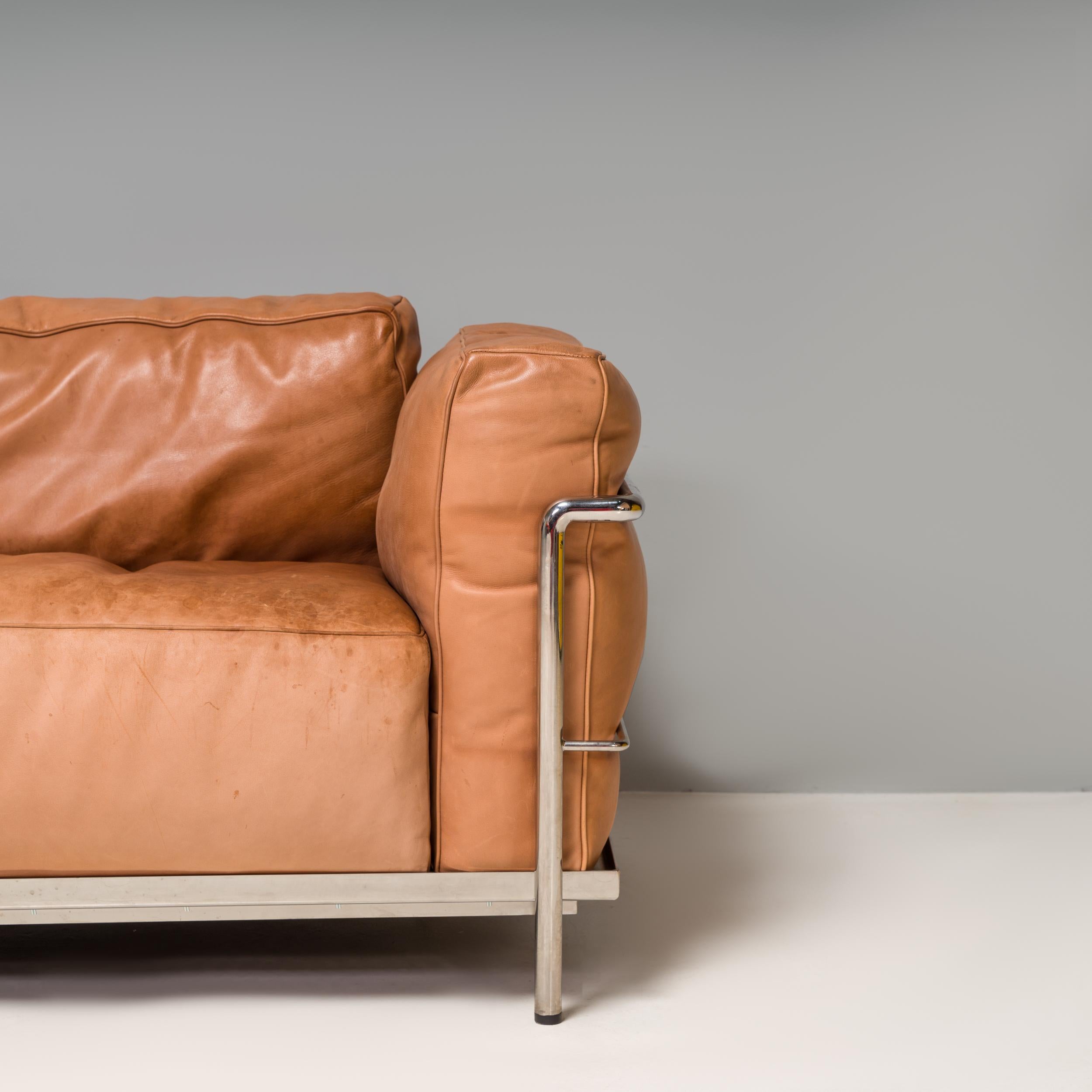 Cassina  Le Corbusier Tan Brown Leather LC3 Grand Confort Three Seat Sofa 1