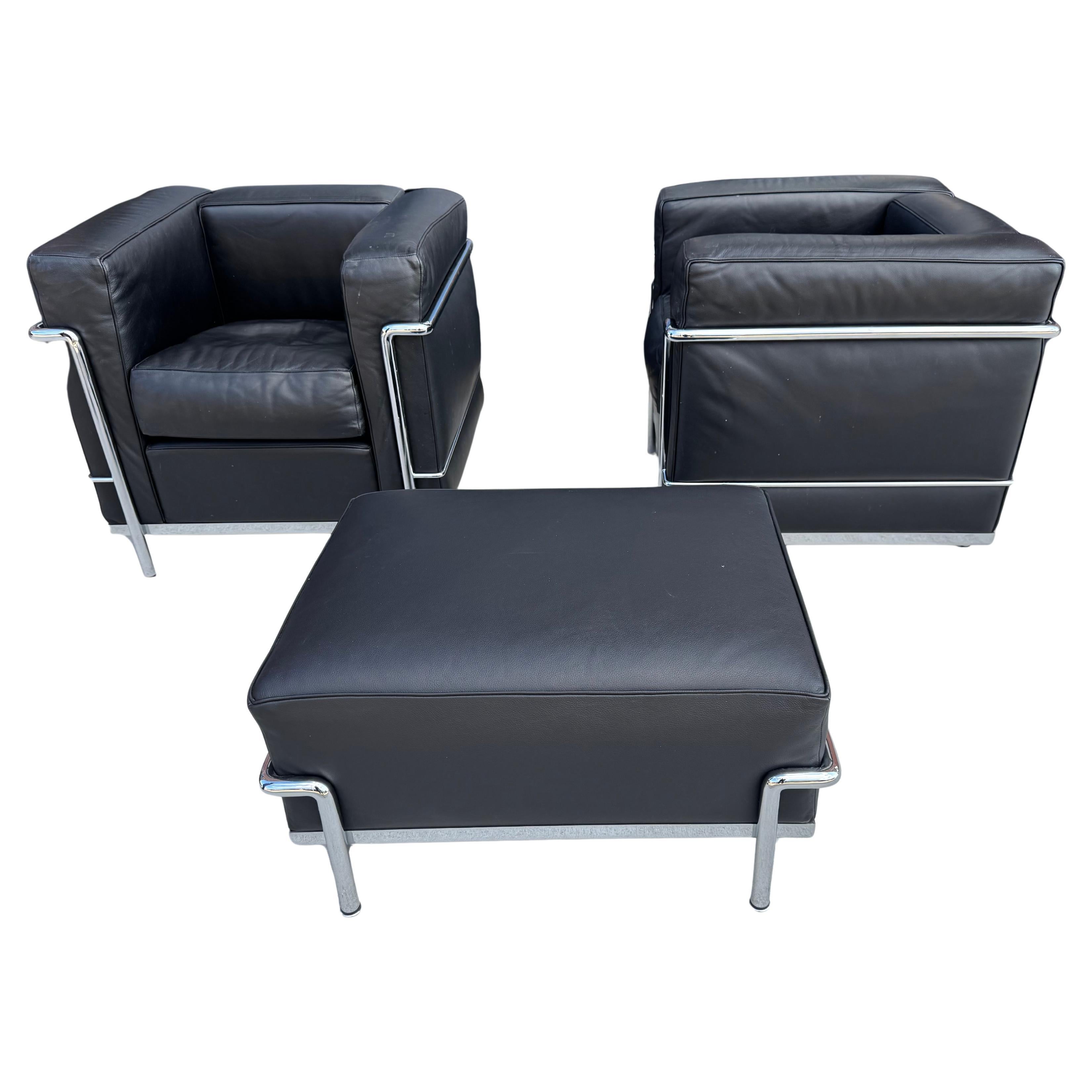 Cassina licensed Le Corbusier LC2 black leather chrome lounge chairs & ottoman