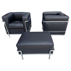 Cassina licensed Le Corbusier LC2 black leather chrome lounge chairs & ottoman